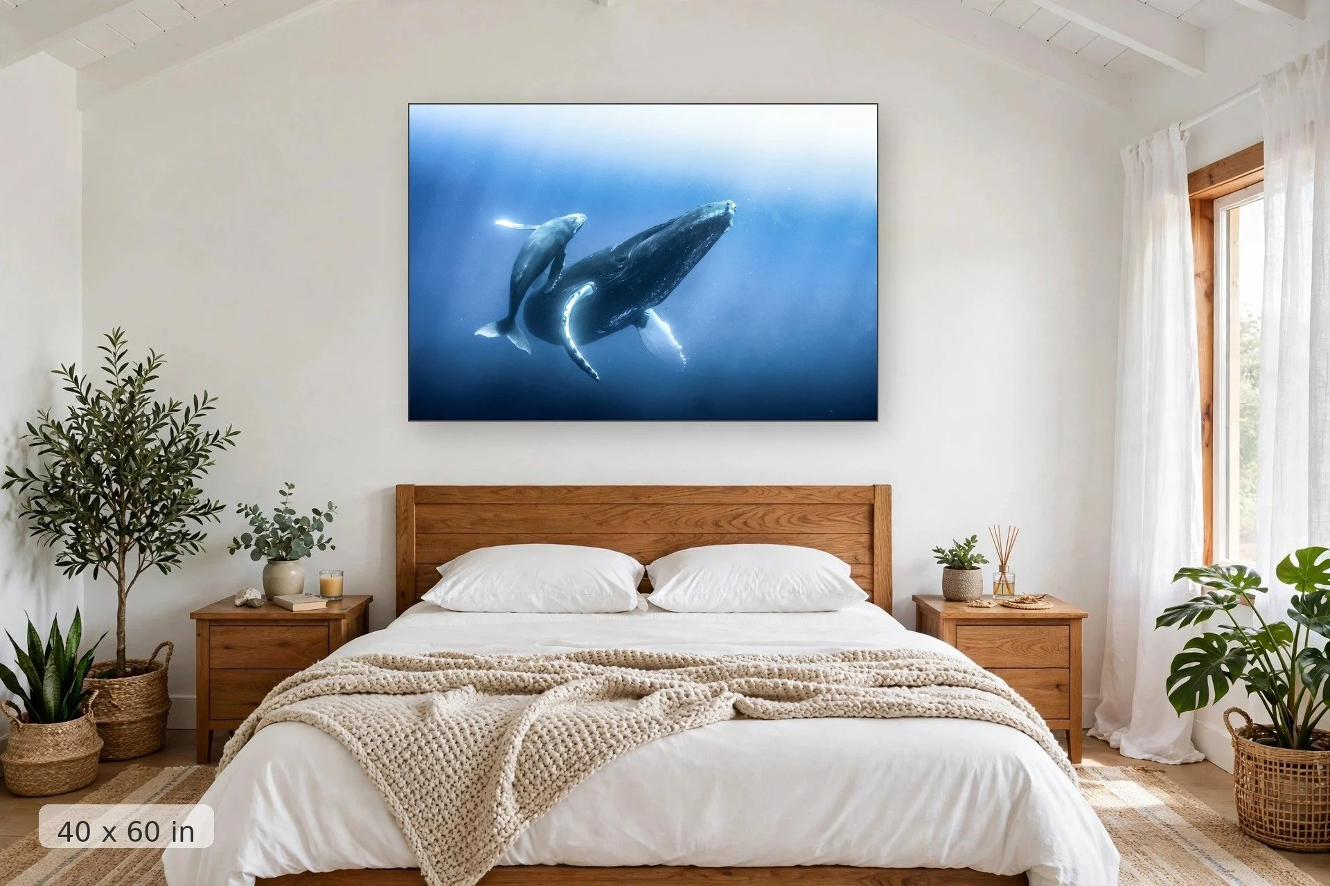 humpback whale calf dancing around its mother — Keiki Kohola print, 40x60 mockup above a bedroom headboard