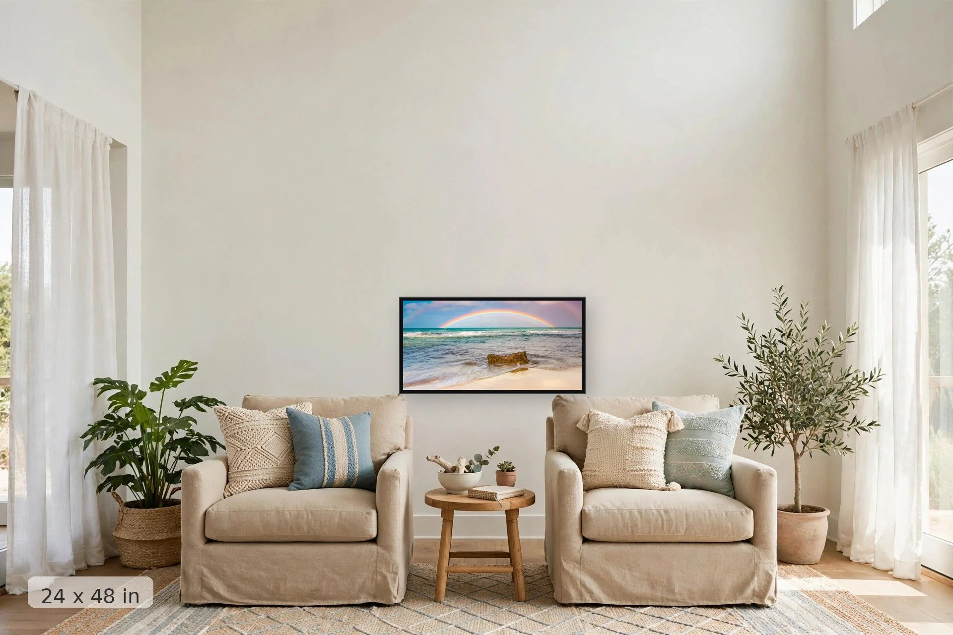 Morning rainbow over Maui — Morning Rainbow print, 40x60 large mockup in a living room