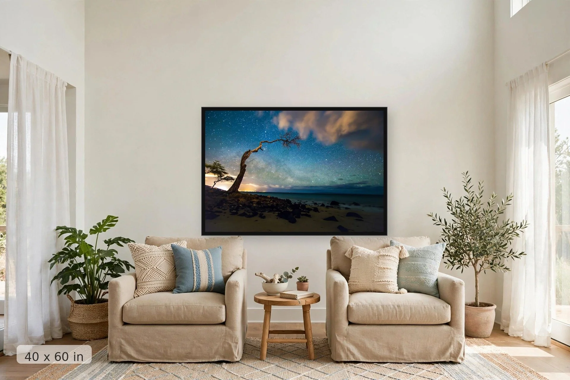 Milky Way over Kihei, Maui — Milky Way Over Kihei print, 40x60 large mockup in a living room