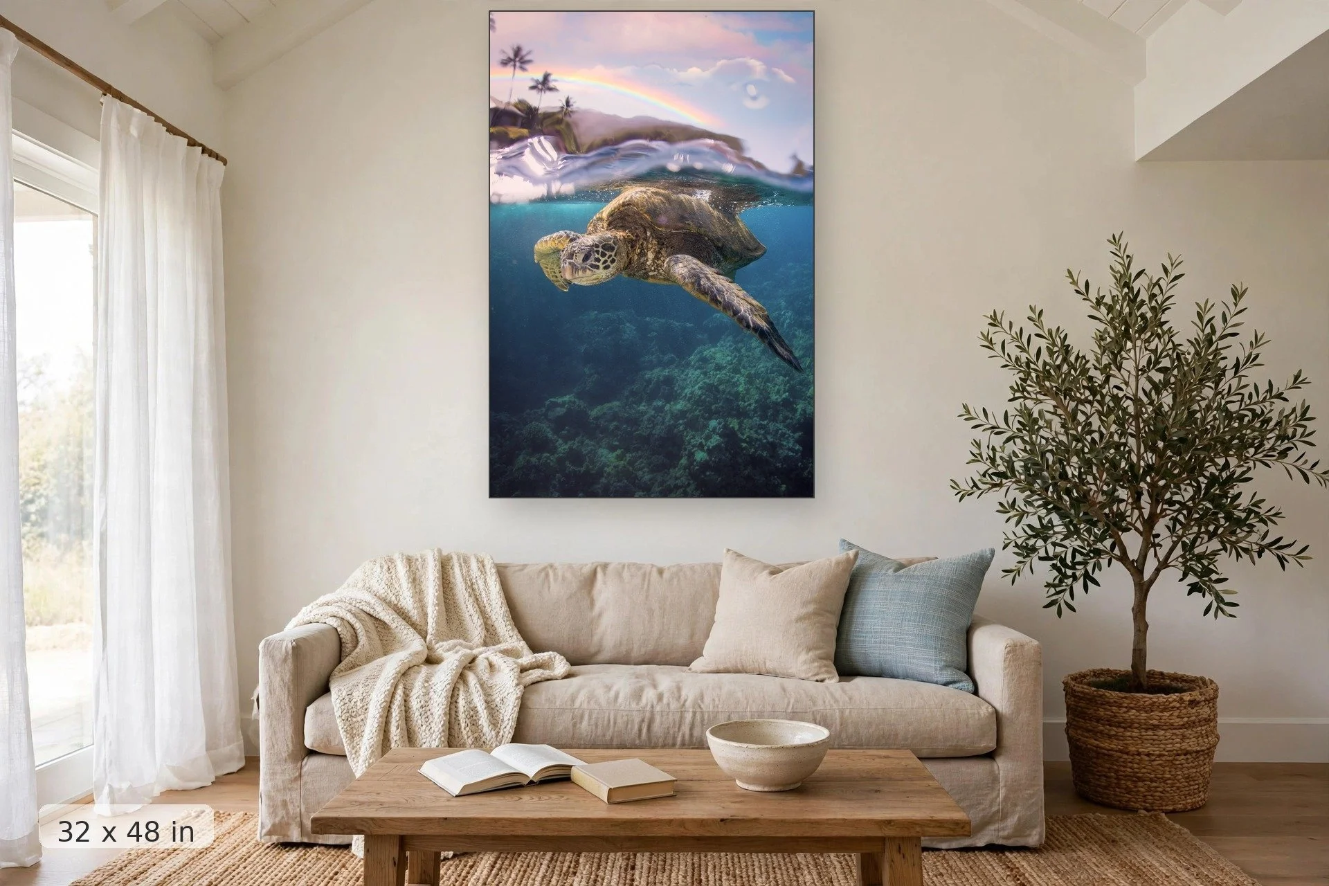 Hawaiian Trifecta: Sea Turtle in Ocean — Hawaiian Trifecta: Turtle & Rainbow Maui Photo print, 32x48 mockup above a living room sofa