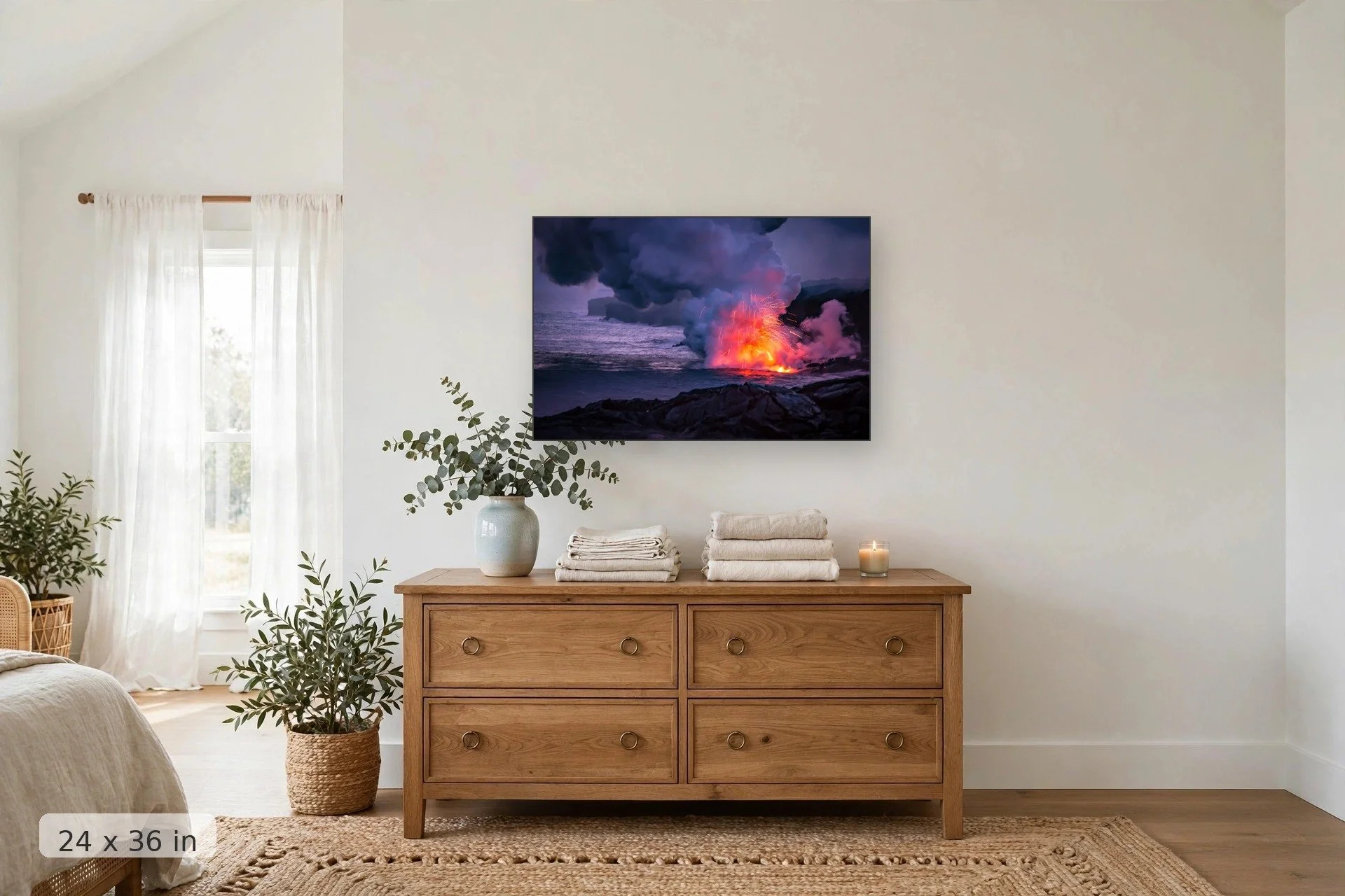 fresh lava spews into the ocean creating a fireworks display as it touches the water — Lava Fireworks print, 24x36 mockup above a dresser
