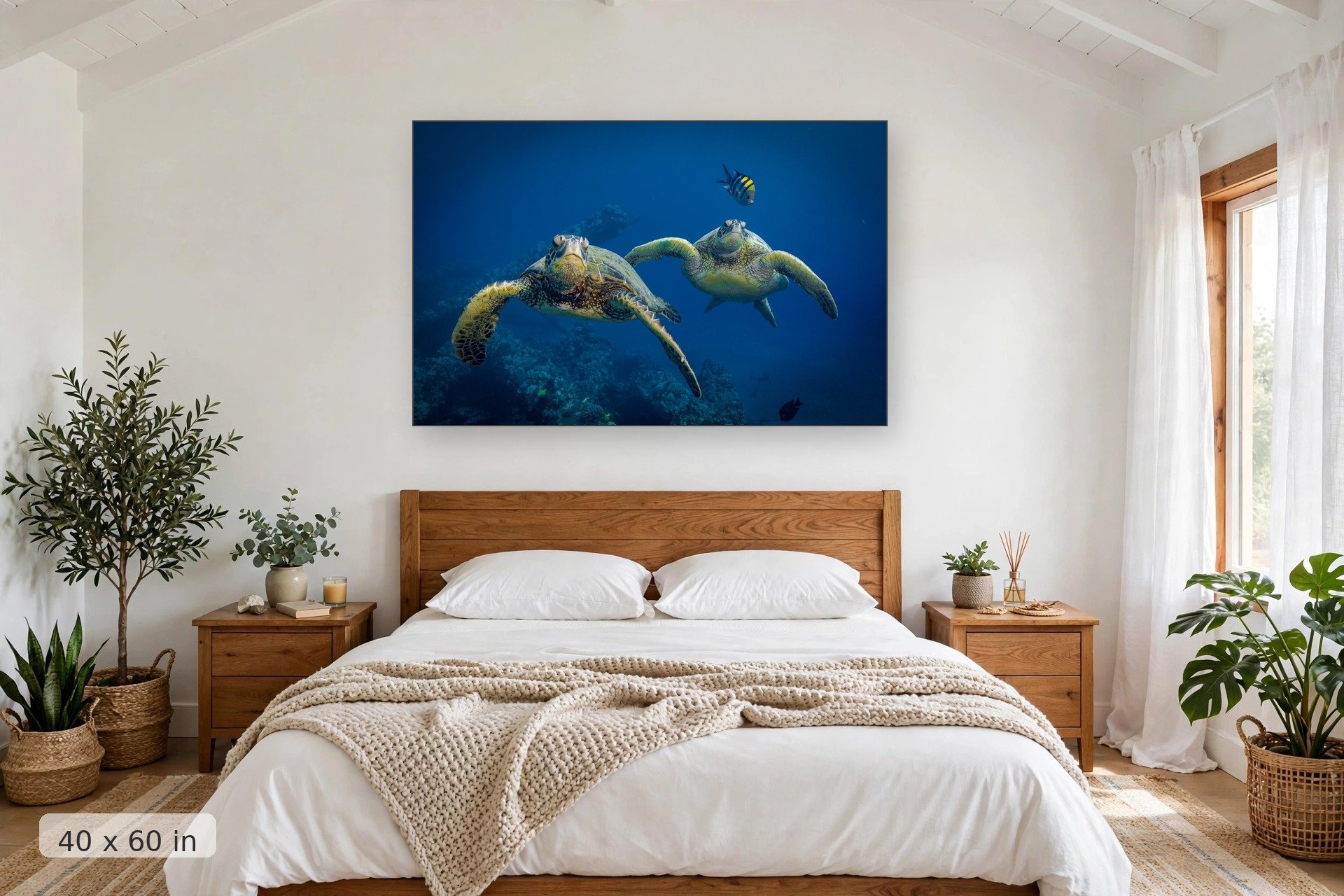 two turtles swim in formation with a sergeant major in tow — Double Turtle print, 40x60 mockup above a bedroom headboard