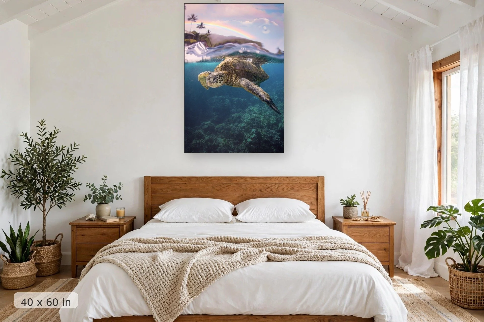 Hawaiian Trifecta: Sea Turtle in Ocean — Hawaiian Trifecta: Turtle & Rainbow Maui Photo print, 40x60 mockup above a bedroom headboard