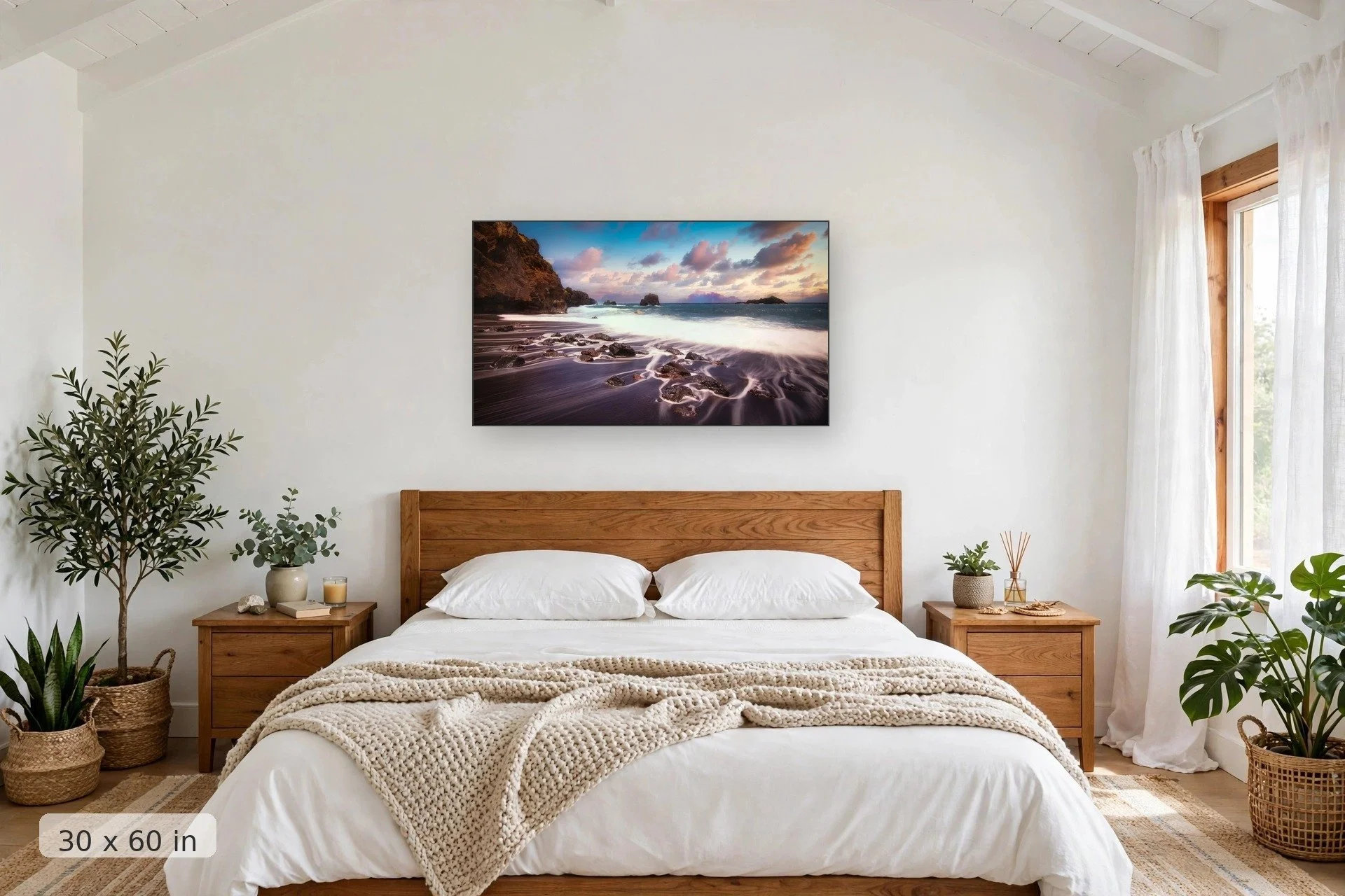 purple clouds over a black sand beach, Maui — Black Sand Sunrise print, 40x60 mockup above a bedroom headboard