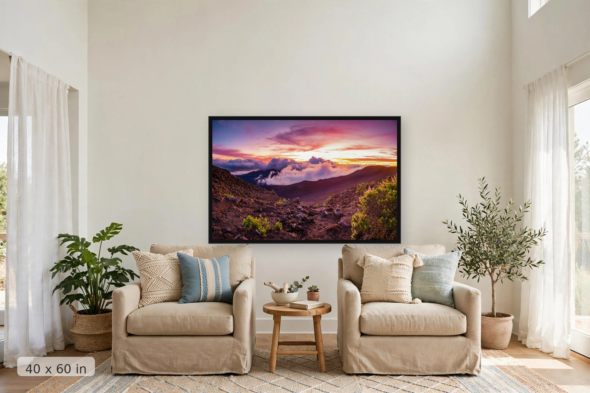 sunrise over Haleakala Crater, Maui — Crater Sunrise print, 40x60 large mockup in a living room
