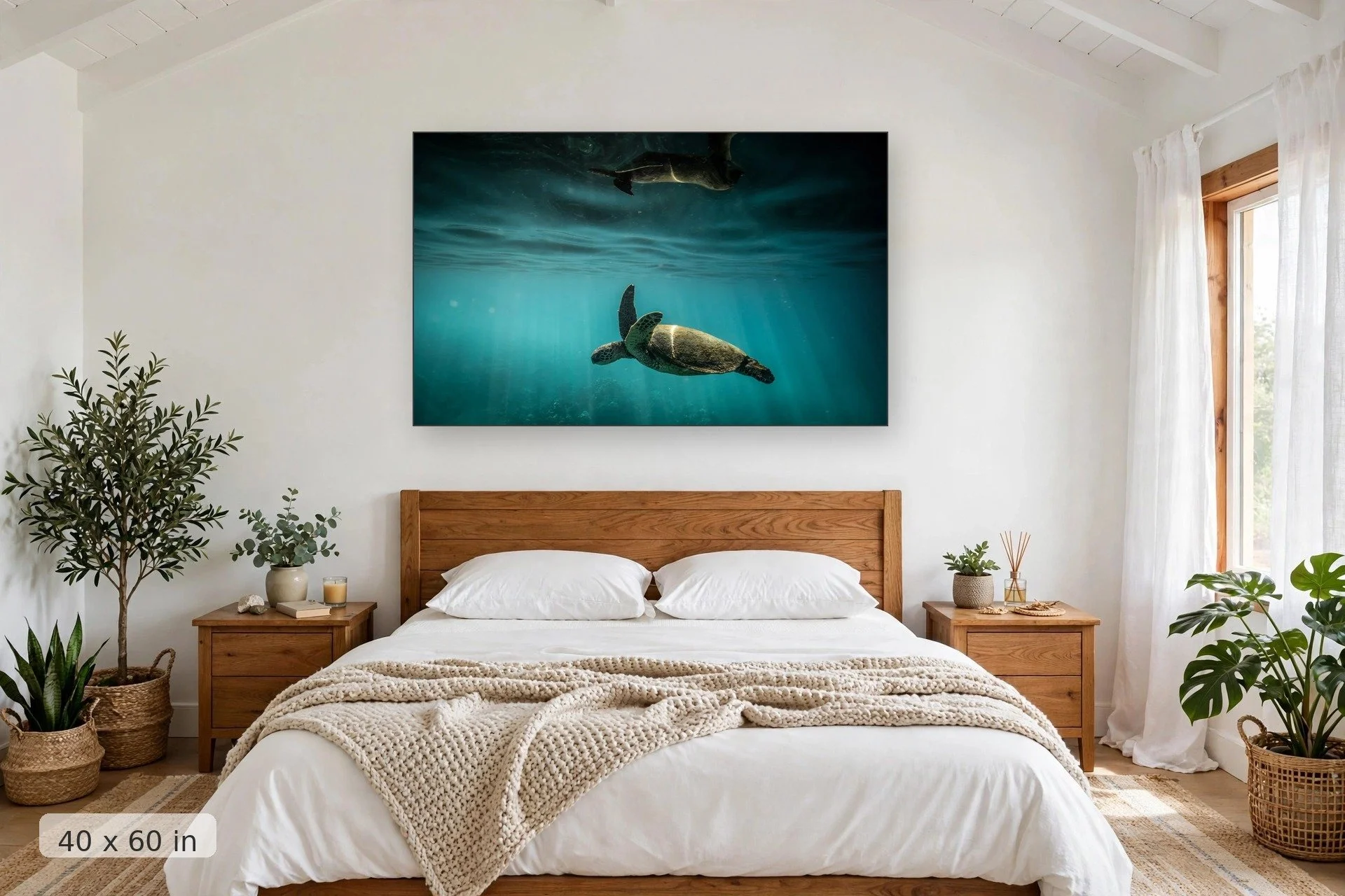 sea turtle reflection on the water surface — Dark Reflection Turtle print, 40x60 mockup above a bedroom headboard