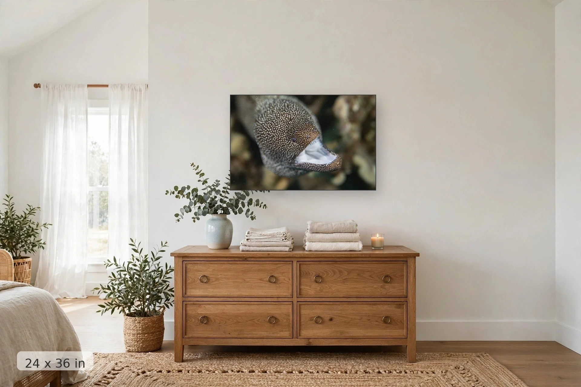 White-mouth moray eel — White Mouth Moray Eel print, 24x36 mockup above a dresser