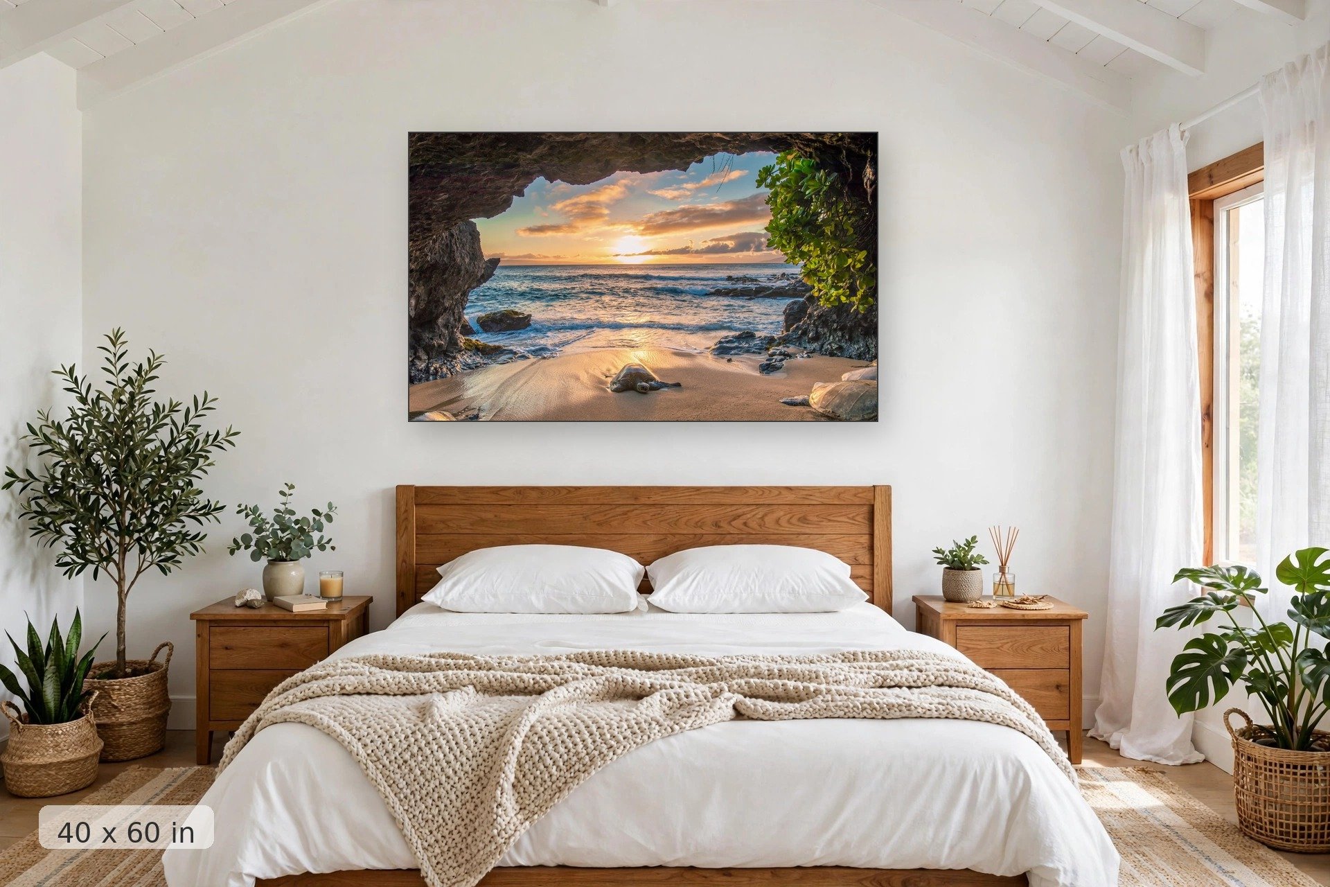 a lone sea turtle suns its back in a deserted cave in maui — Honu Cave print, 40x60 mockup above a bedroom headboard