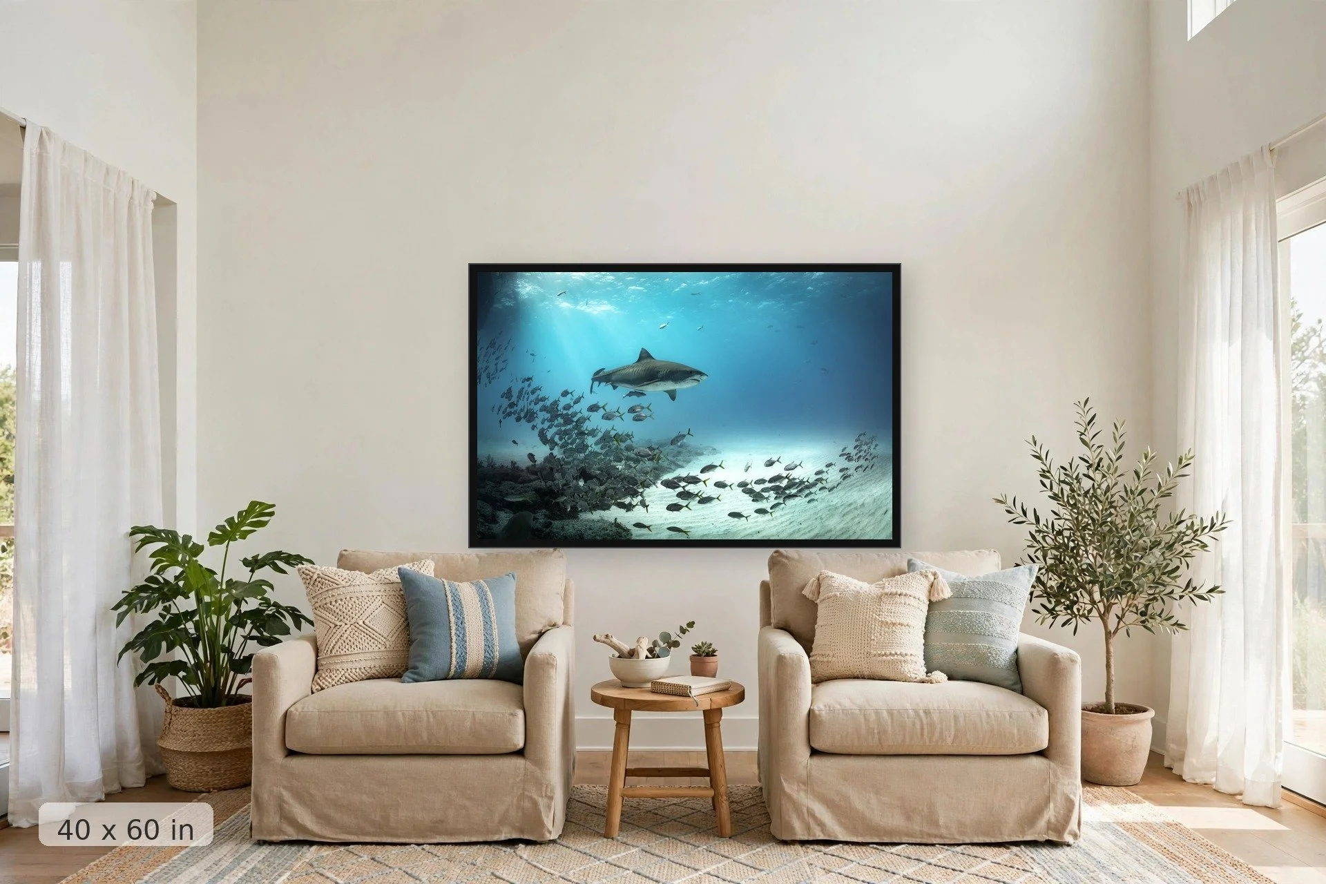Tiger shark with schooling jack fish — Tiger and Jacks print, 40x60 large mockup in a living room