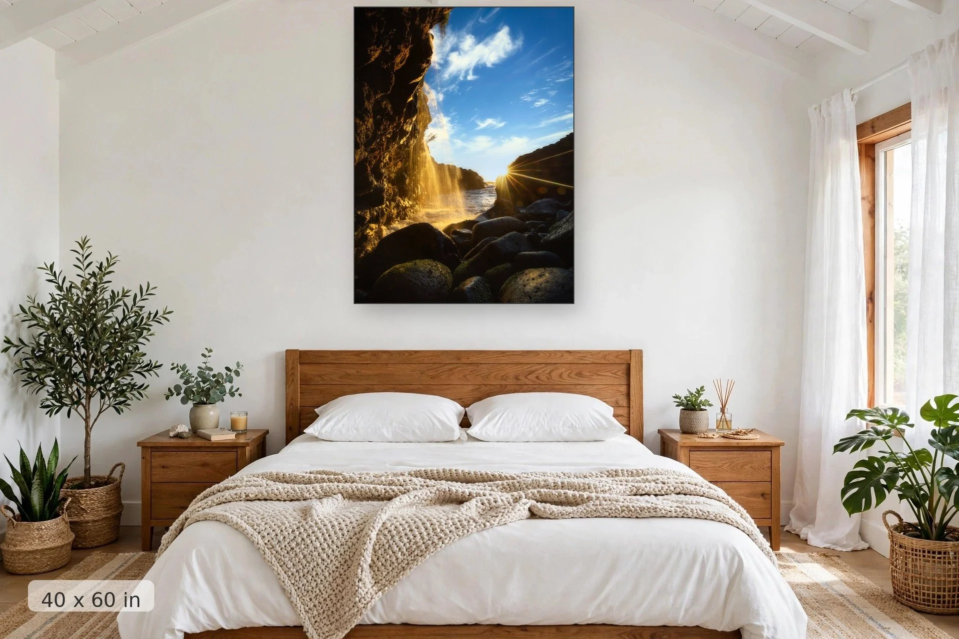 view from the bottom of queens bath in kauai with golden sunset in background — Queens Sunburst print, 40x60 mockup above a bedroom headboard