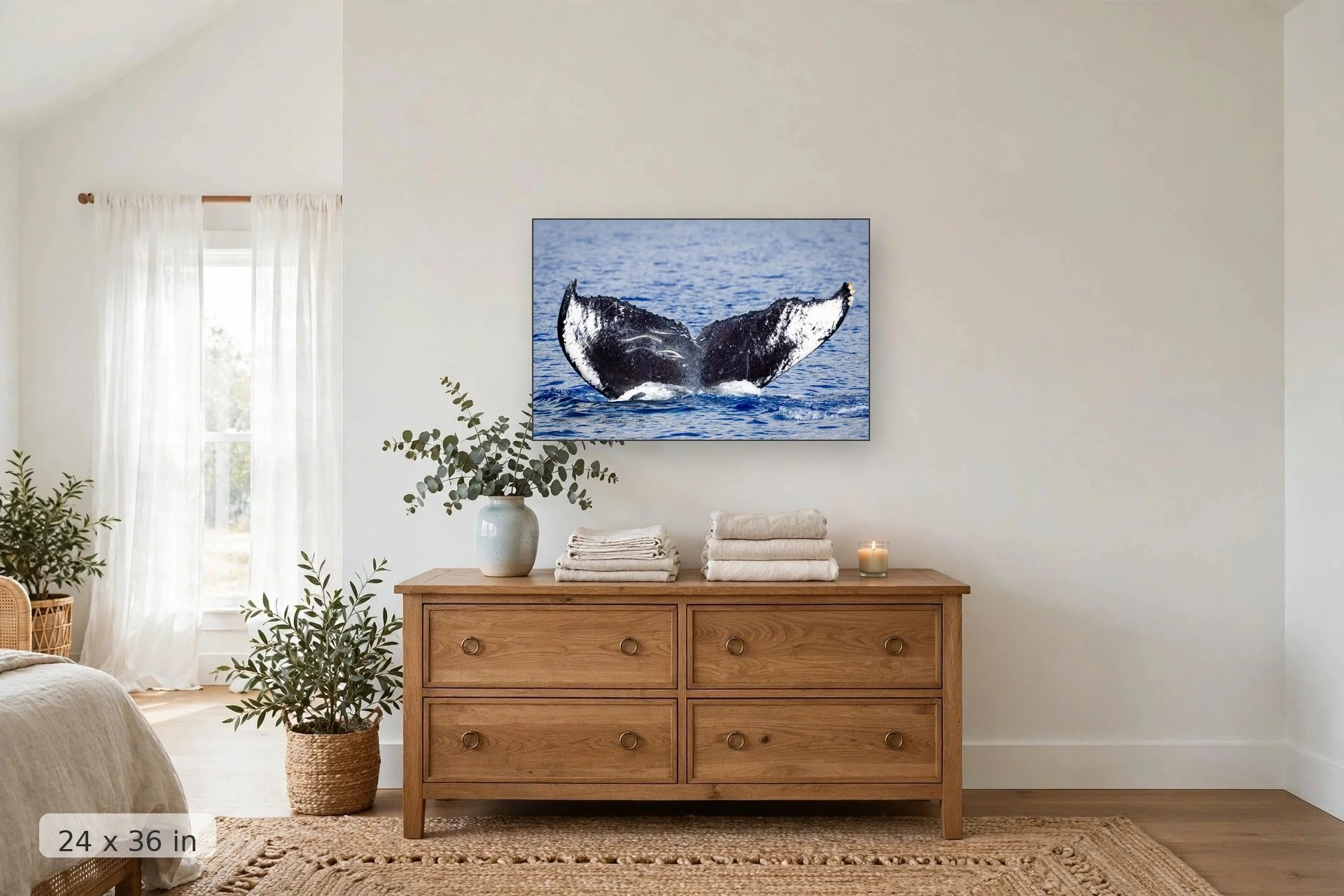 Ocean wave with white foam crest — Frosted Tips print, 24x36 mockup above a dresser