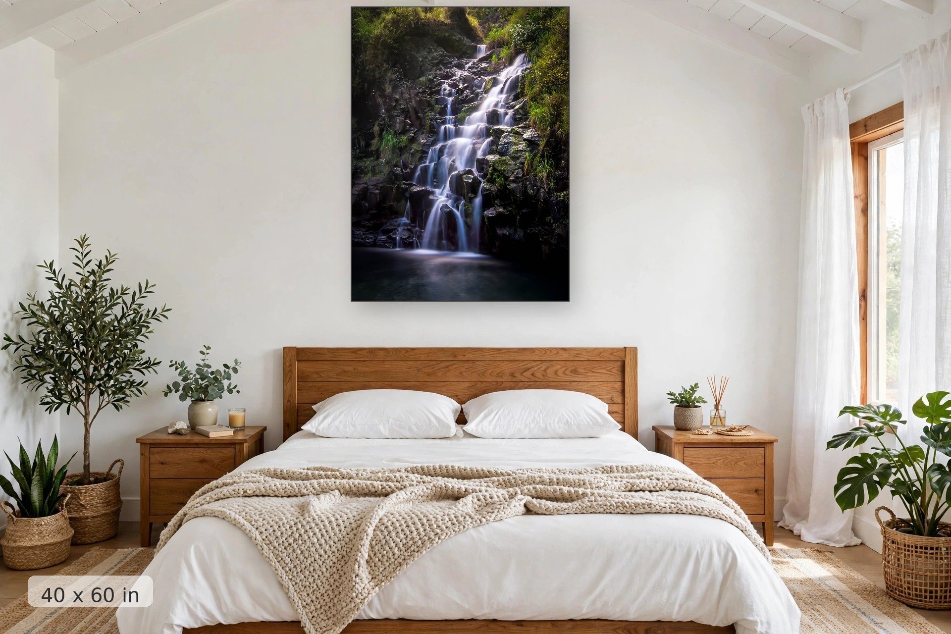 Emerald canyon waterfall — Flowing Staircase print, 40x60 mockup above a bedroom headboard