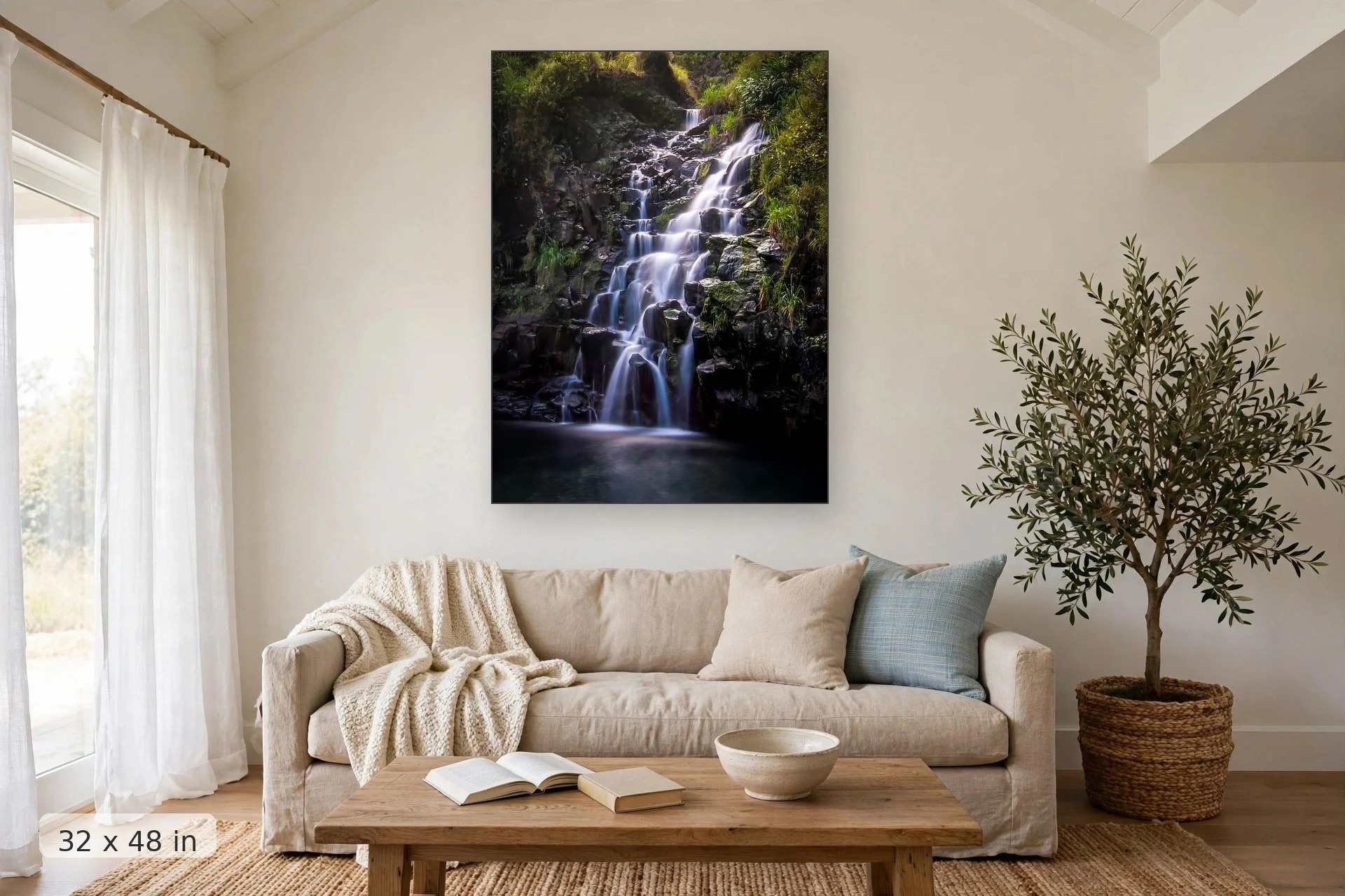 Emerald canyon waterfall — Flowing Staircase print, 32x48 mockup above a living room sofa