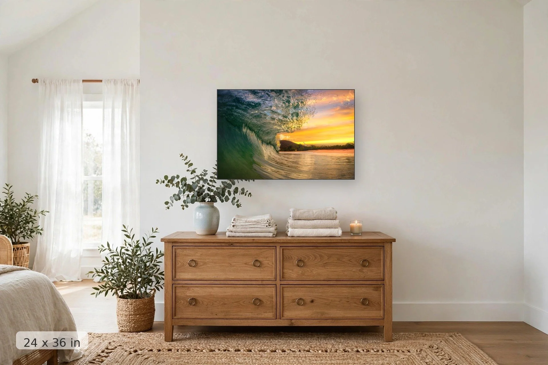 Wave barrel glowing at sunset — Sunset Barrel print, 24x36 mockup above a dresser