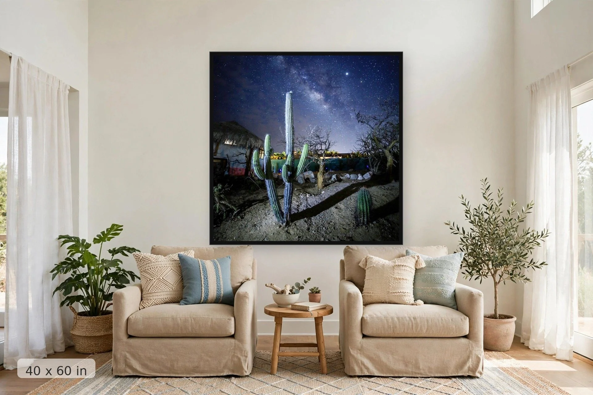 Milky Way galaxy over cactus — Palapas Galaxy print, 40x60 large mockup in a living room