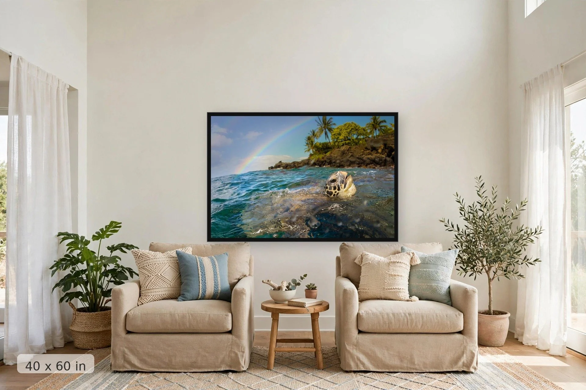 a honu comes up for air while a rainbow arcs over an island in the background — Honu Rainbow print, 40x60 large mockup in a living room