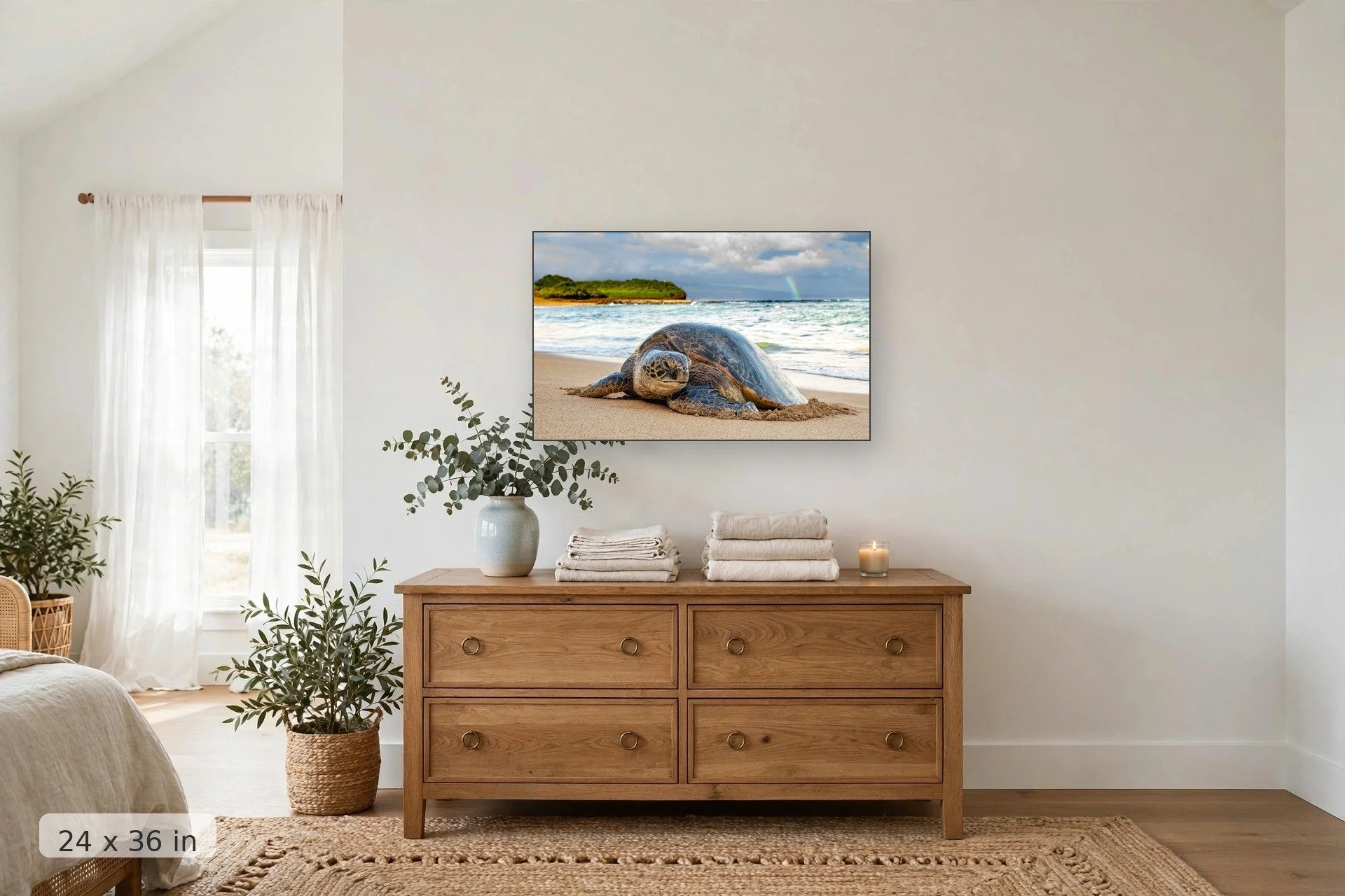 Hawaiian green sea turtle in morning light — Morning Honu print, 24x36 mockup above a dresser