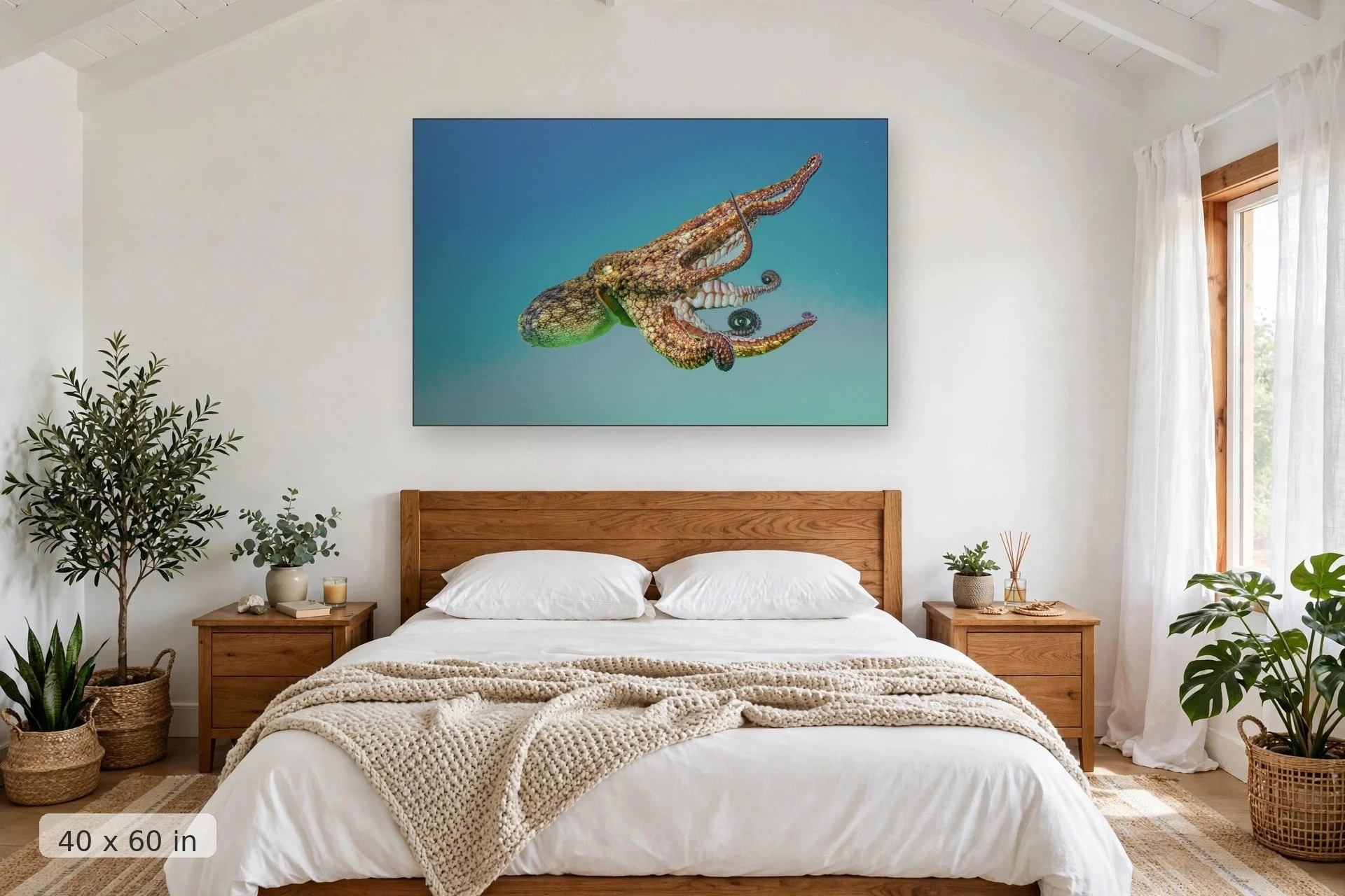 Green octopus swimming in Baja — El Pulpo 2 print, 40x60 mockup above a bedroom headboard