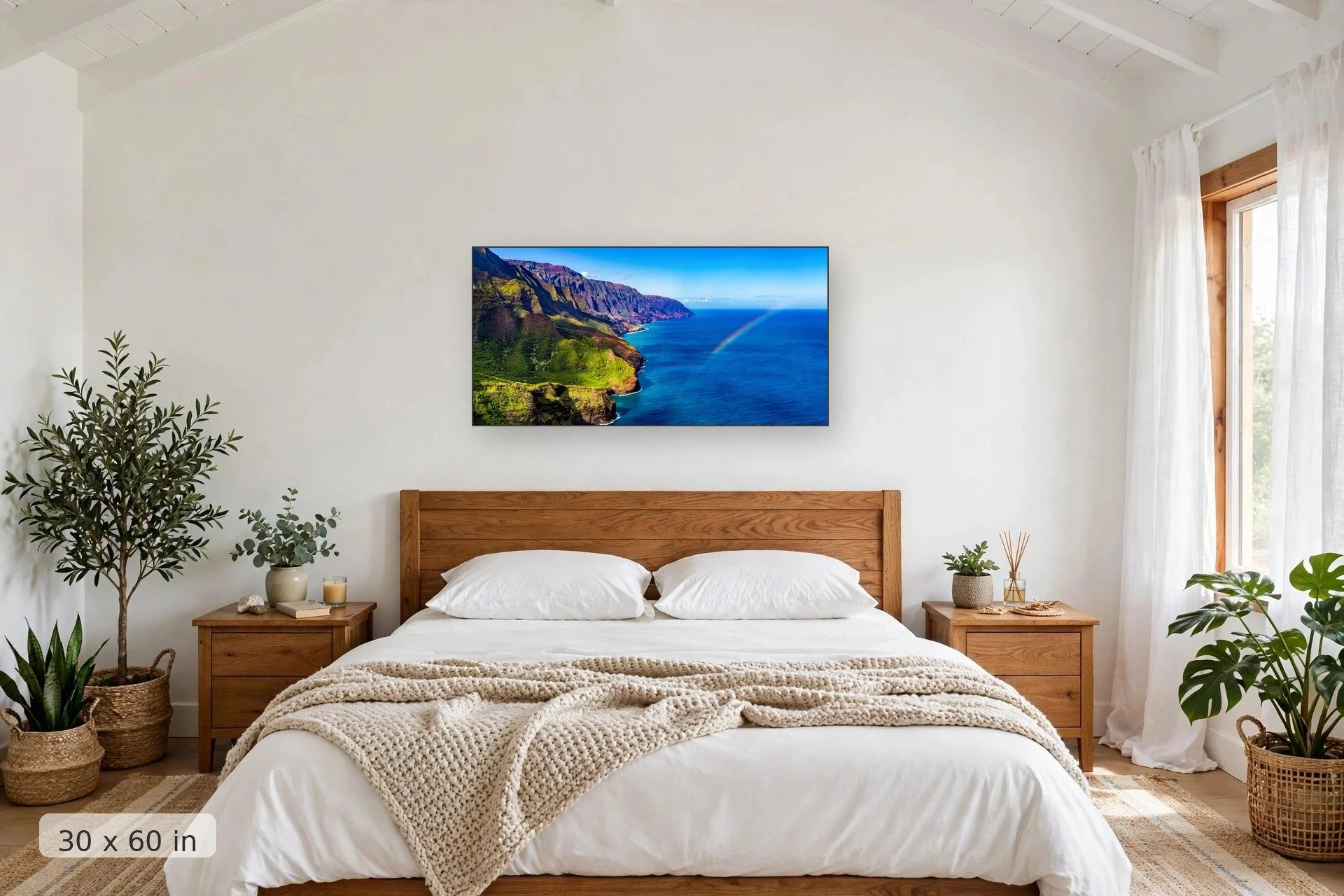 Rainbow over the Napali Coast panoramic — Napali Rainbow Panoramic print, 40x60 mockup above a bedroom headboard