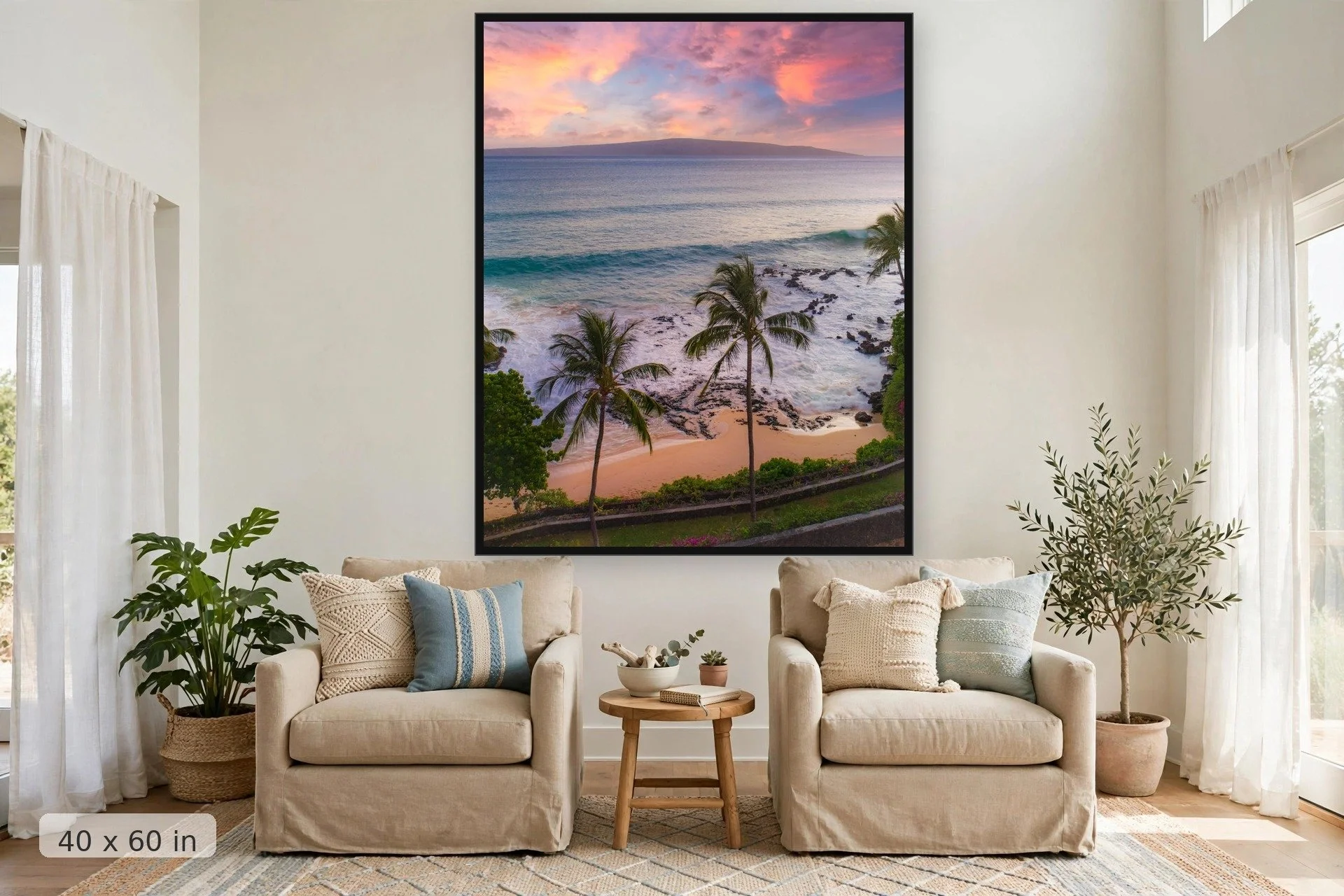 view from above makena cove with lanai island in the background — Makena Cove Sunset Drone print, 40x60 large mockup in a living room