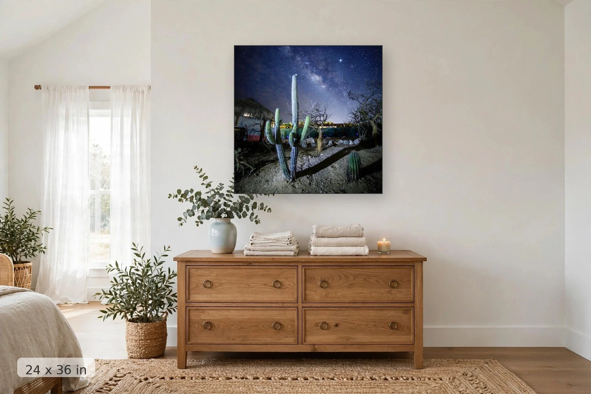 Milky Way galaxy over cactus — Palapas Galaxy print, 24x36 mockup above a dresser