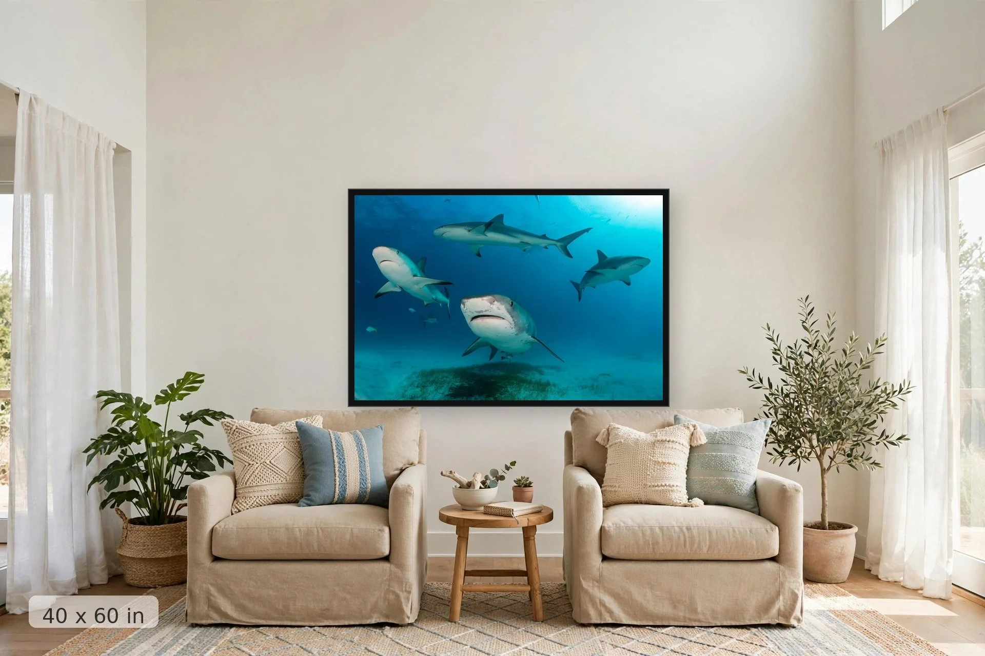 Sharks swimming in formation — Shark Formation print, 40x60 large mockup in a living room
