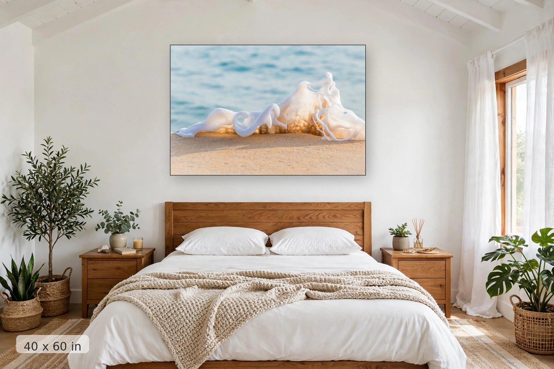 Sea foam wave washing the beach — Musical Wave print, 40x60 mockup above a bedroom headboard