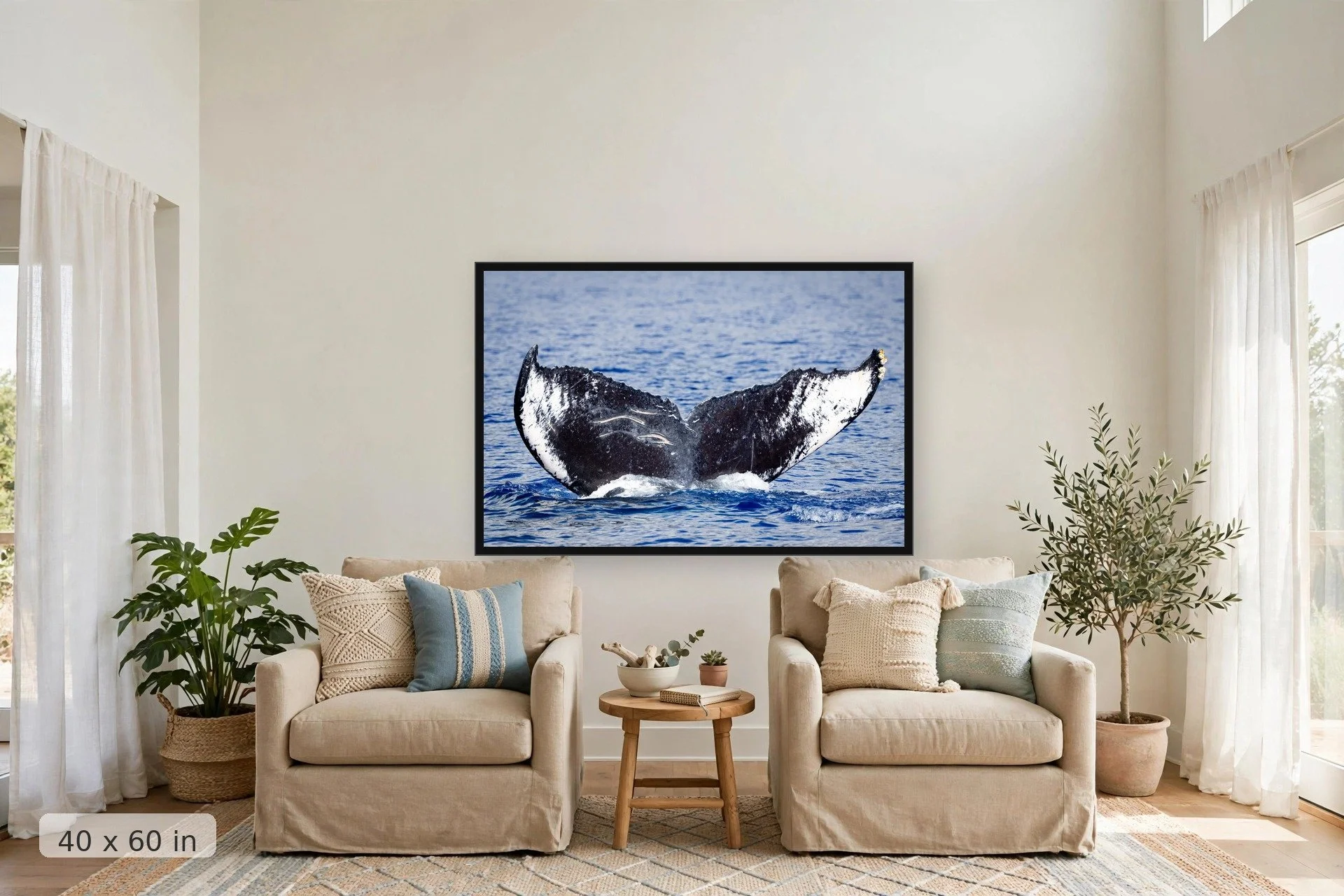 Ocean wave with white foam crest — Frosted Tips print, 40x60 large mockup in a living room