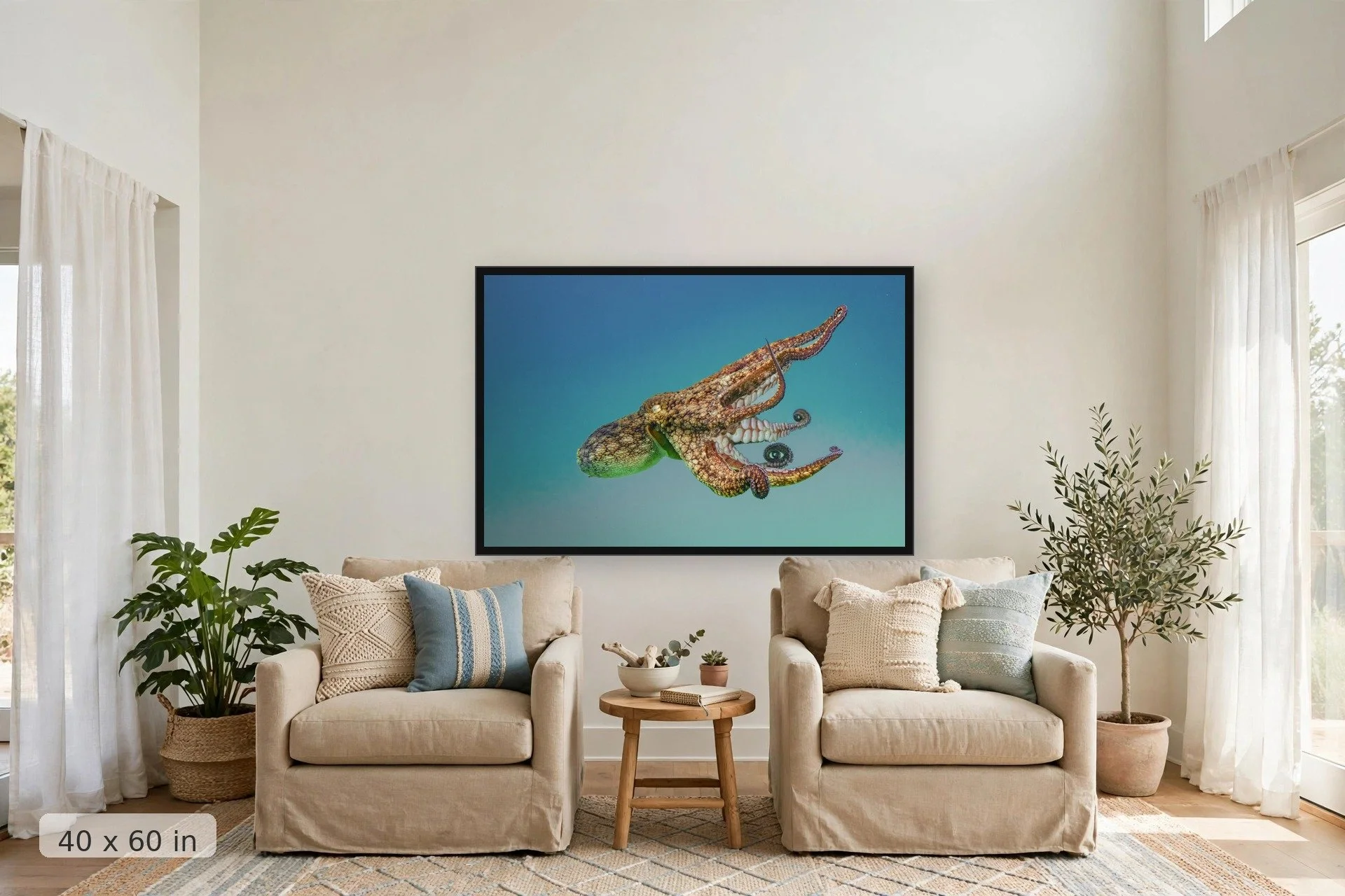 Green octopus swimming in Baja — El Pulpo 2 print, 40x60 large mockup in a living room