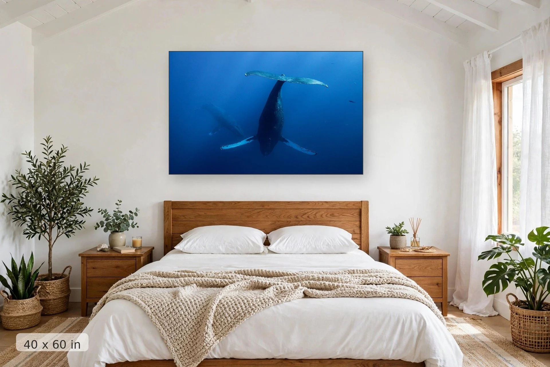 two humpback whales face to face underwater — Fluke at Depth print, 40x60 mockup above a bedroom headboard