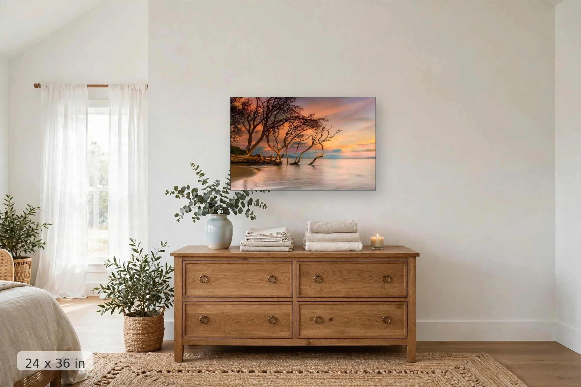 kiawe trees dip into the ocean along the seashore at Olowalu — Olowalu Kiawe print, 24x36 mockup above a dresser