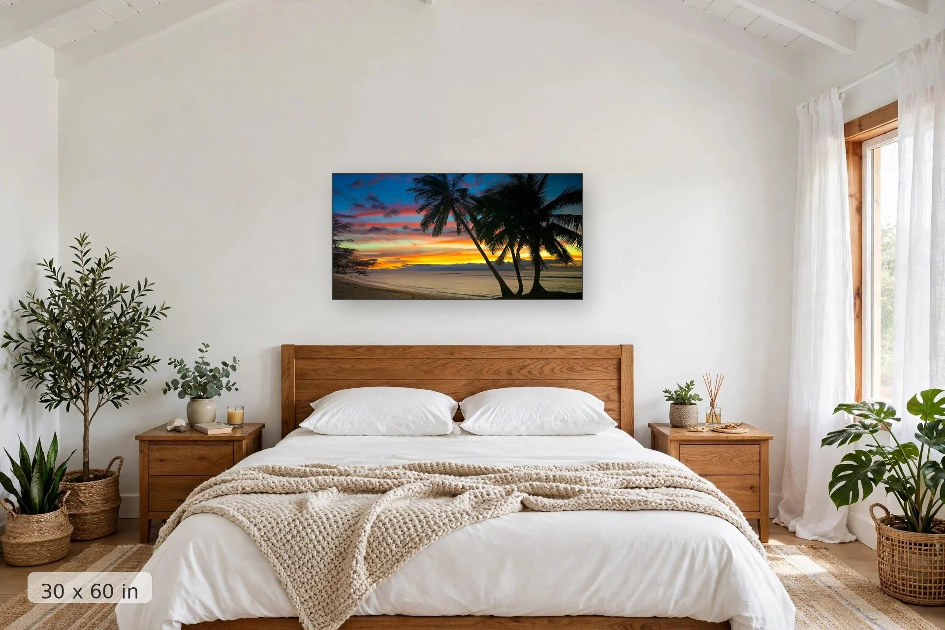 Sunset at Mala, Maui — Mala Sunset print, 40x60 mockup above a bedroom headboard