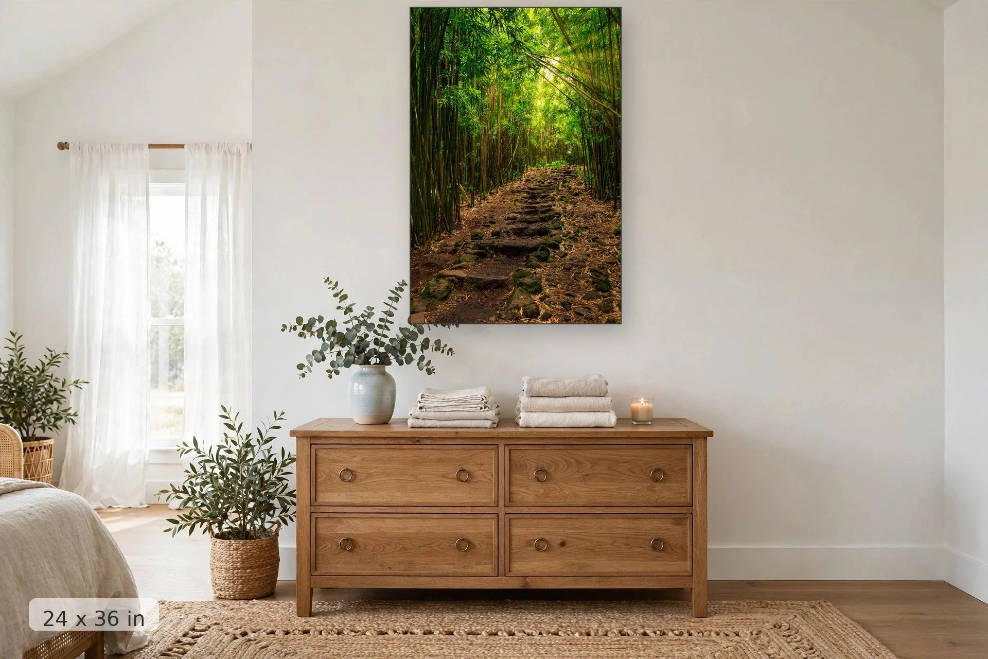 rocky steps lead into the bamboo forest at the pipiwai trail in hawaii — Pipiwai Trail print, 24x36 mockup above a dresser