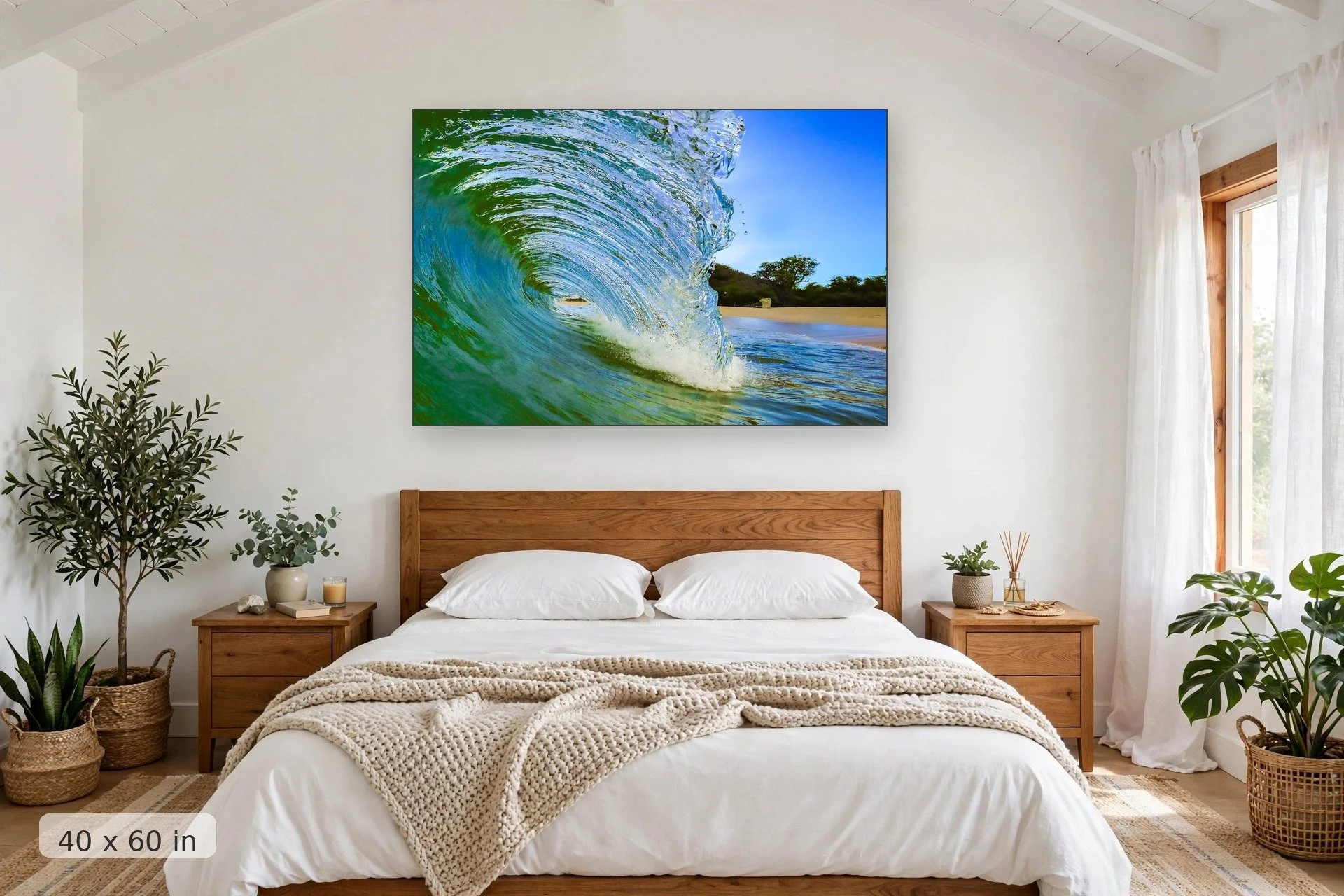 Translucent glassy wave barrel — Glass Barrel print, 40x60 mockup above a bedroom headboard
