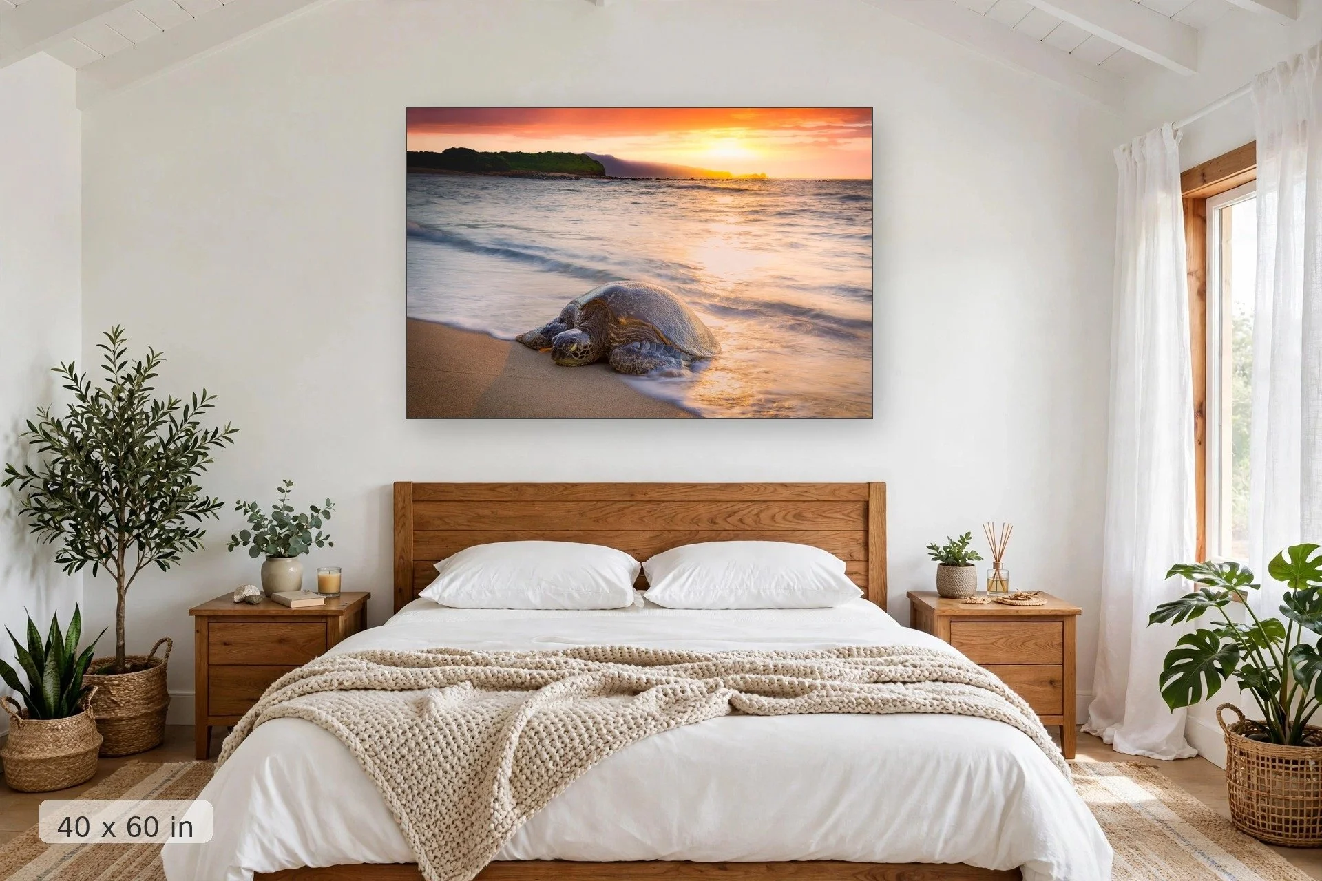 a turtle sleeps on an empty beach with a vibrant sunset in the background — Kuau Honu print, 40x60 mockup above a bedroom headboard