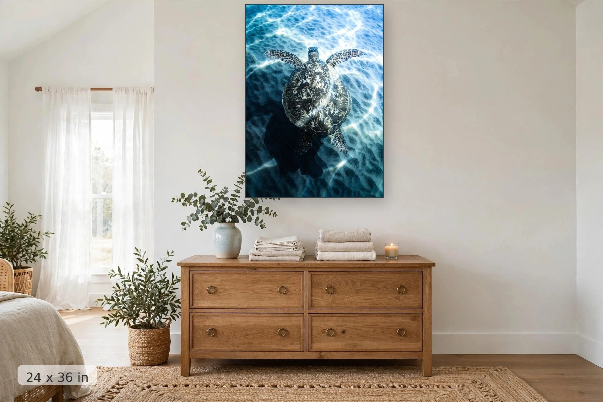 sea turtle glides along ocean bottom with sand and wave patterns texturing photo — Honu Gliding print, 24x36 mockup above a dresser
