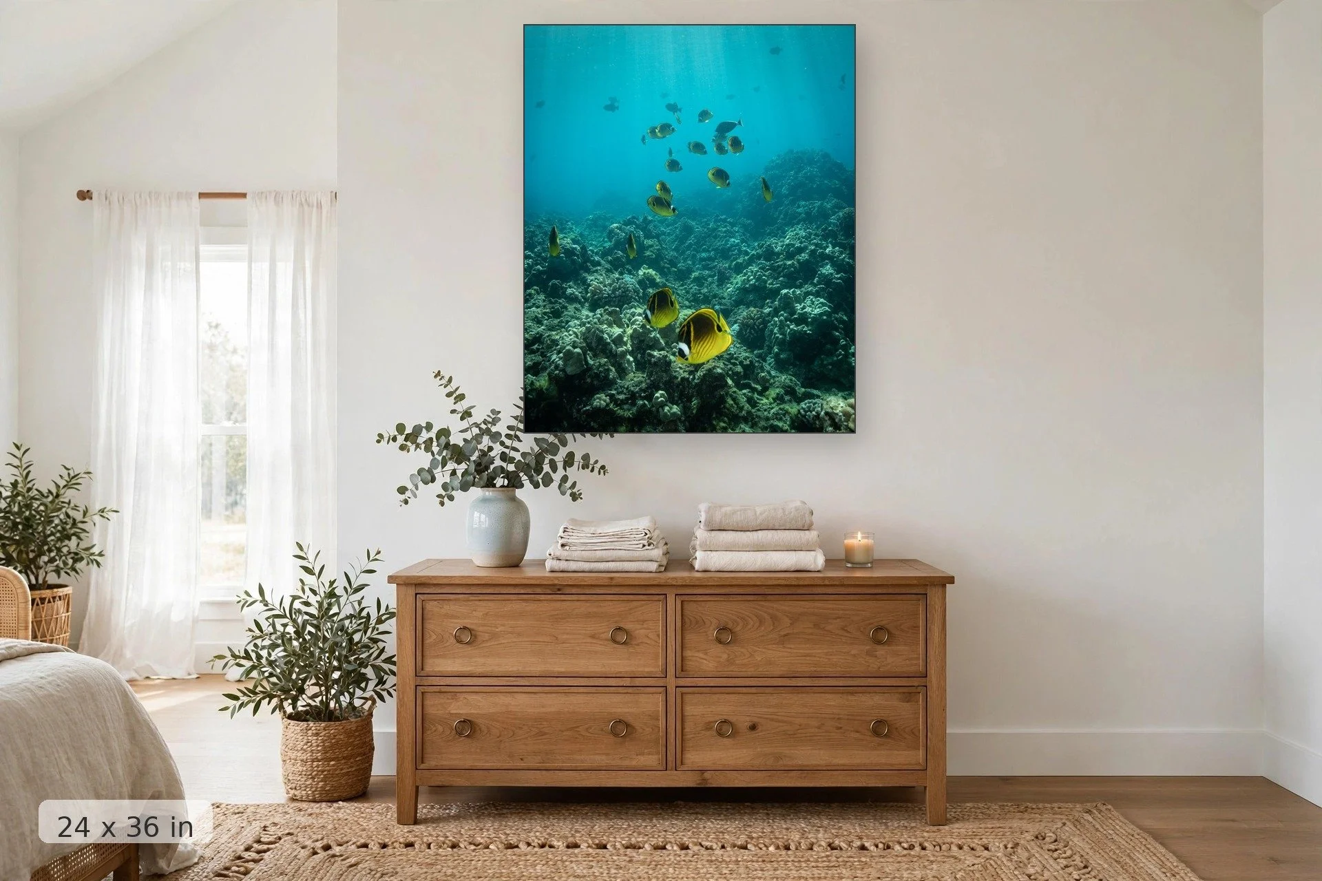 Raccoon butterflyfish feeding on coral — Raccoon Butterflyfish print, 24x36 mockup above a dresser