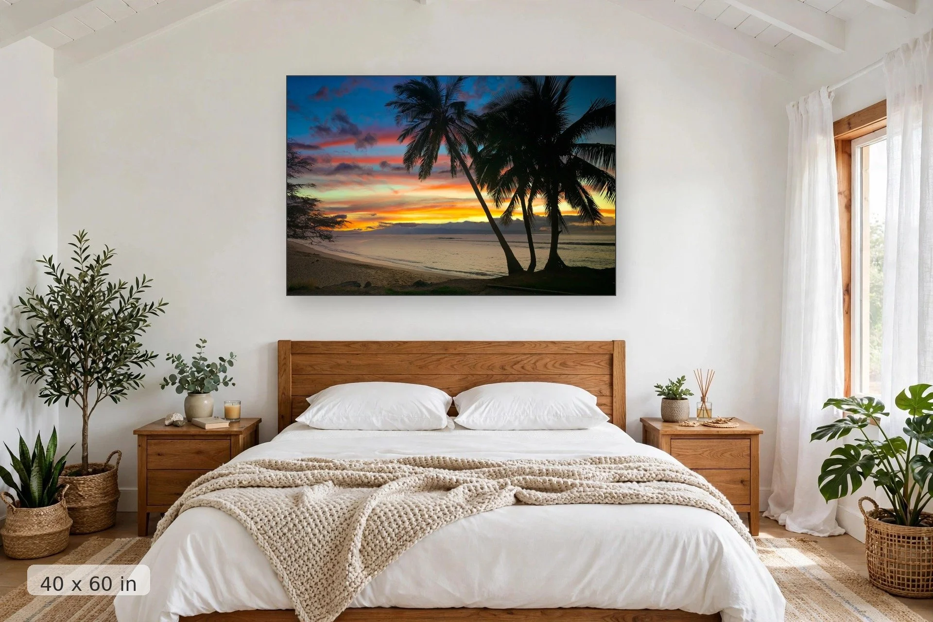 vivid orange, pink and blue sunset over mala wharf with palm trees silhouetted in foreground — Mala Sunset print, 40x60 mockup above a bedroom headboard