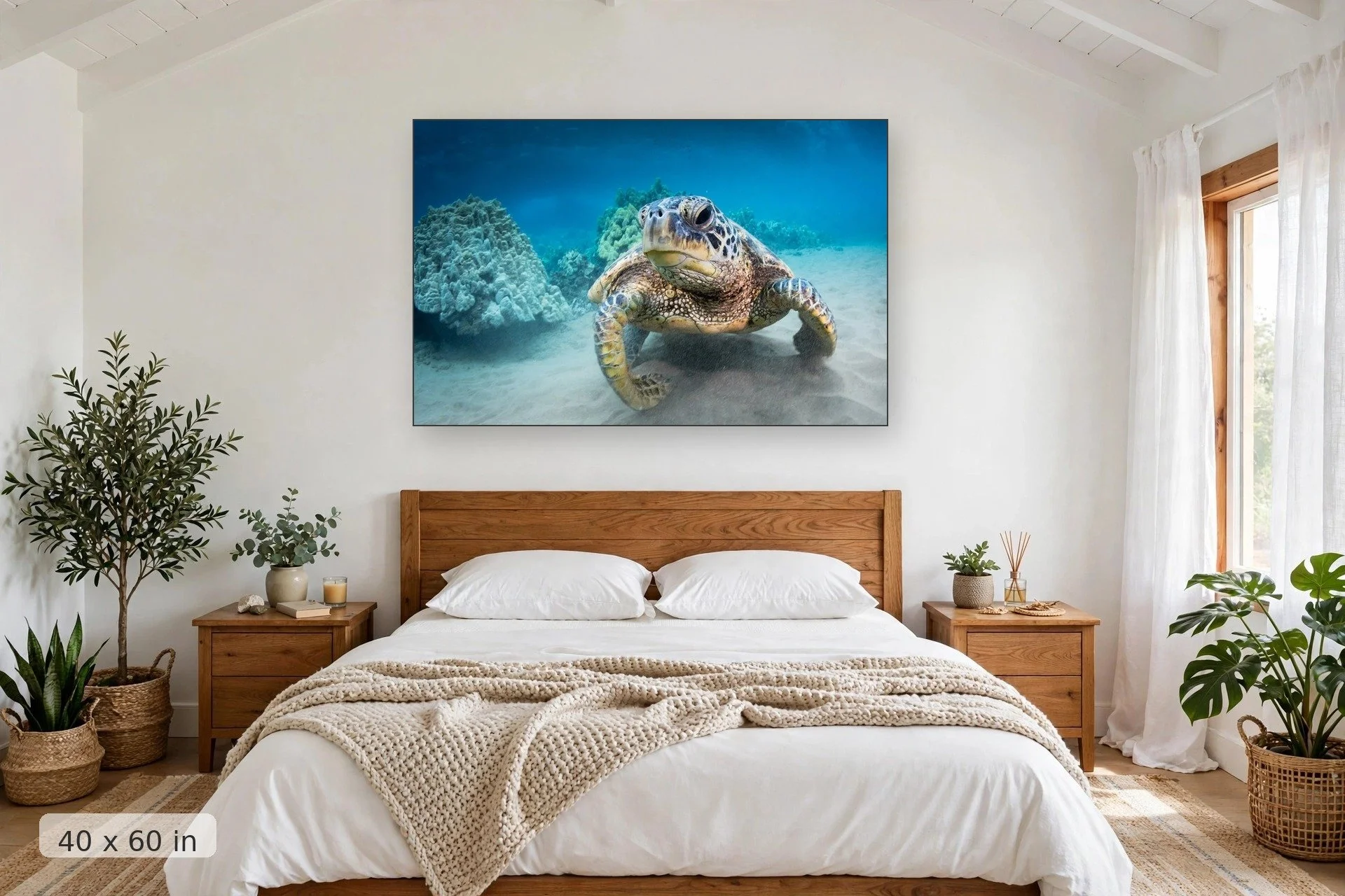 close-up of turtle face — Resting Turtle Face print, 40x60 mockup above a bedroom headboard
