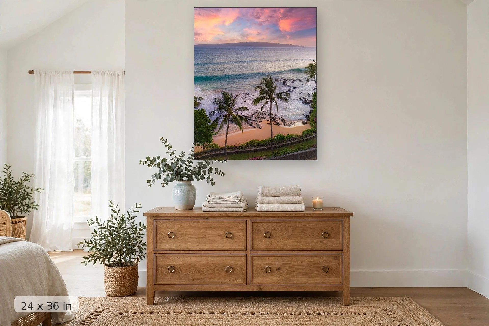 view from above makena cove with lanai island in the background — Makena Cove Sunset Drone print, 24x36 mockup above a dresser