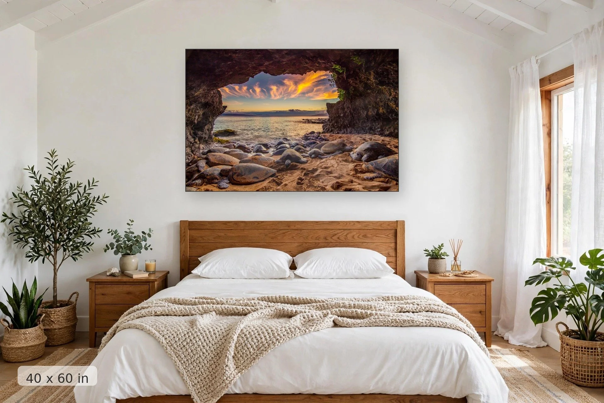 a bale of turtles sleep in a secret cave with sunset and a distant island in the background — Pao Honu print, 40x60 mockup above a bedroom headboard