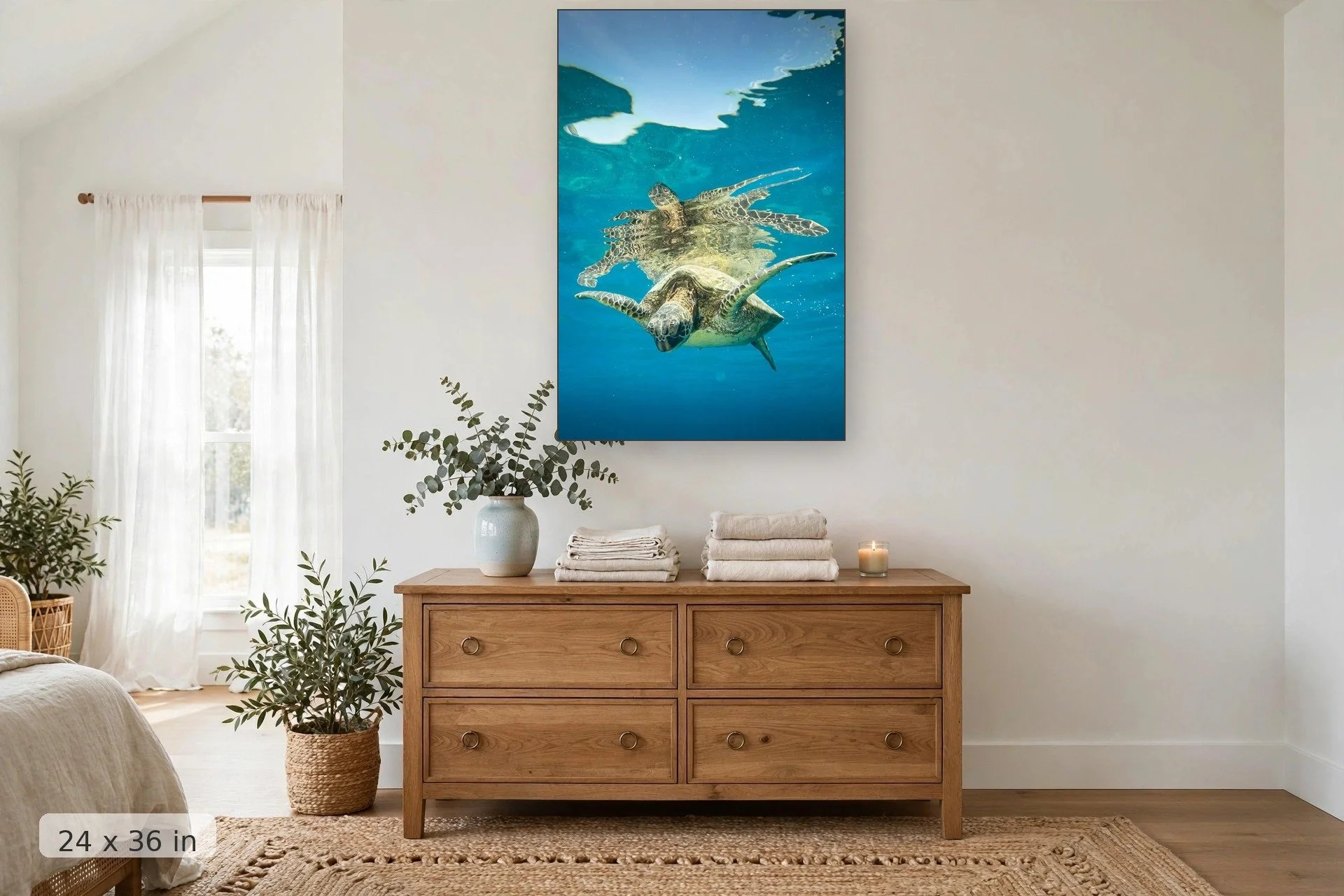 a turtles image reflects along the surface of the water — Mala Honu Reflection print, 24x36 mockup above a dresser