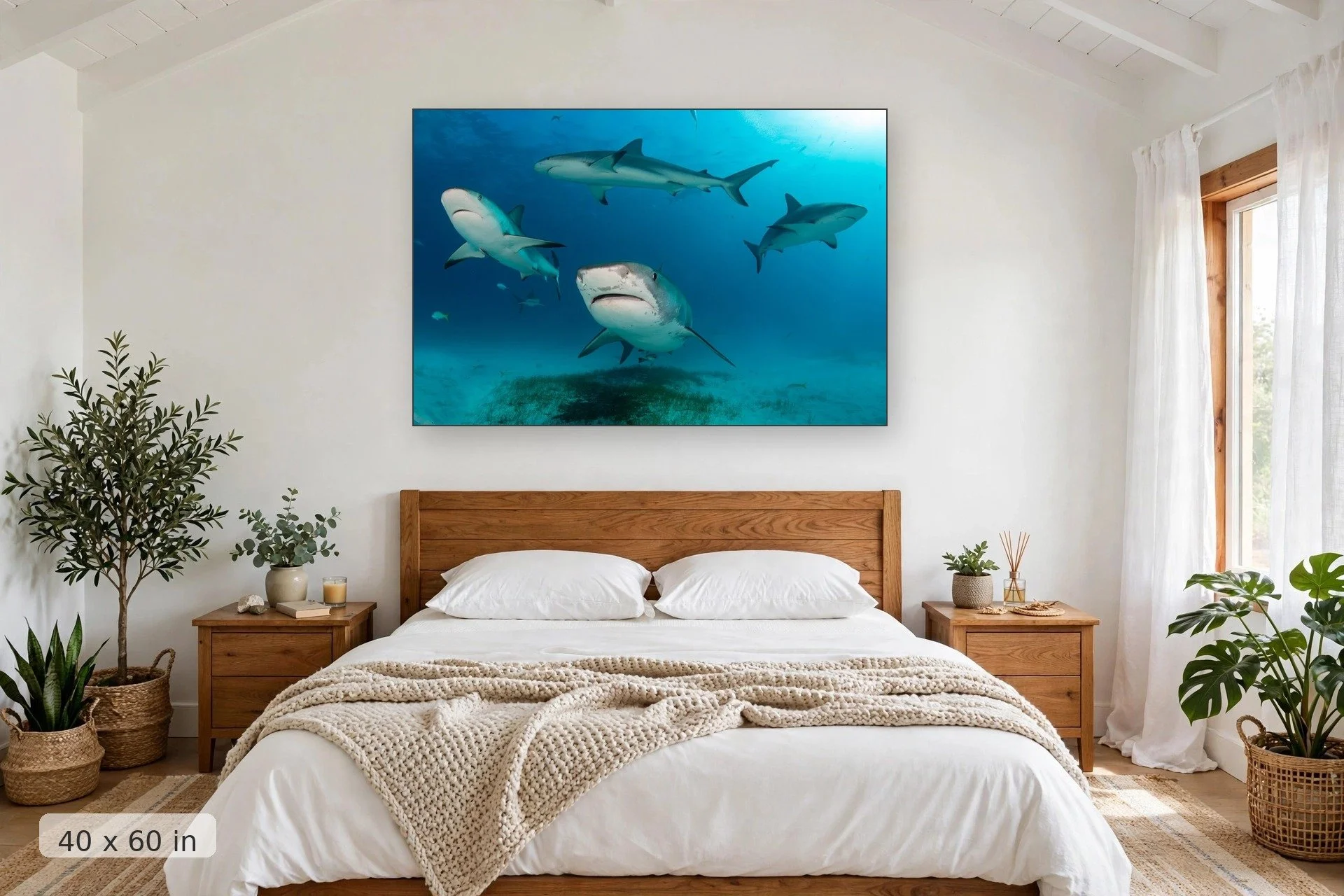 Sharks swimming in formation — Shark Formation print, 40x60 mockup above a bedroom headboard