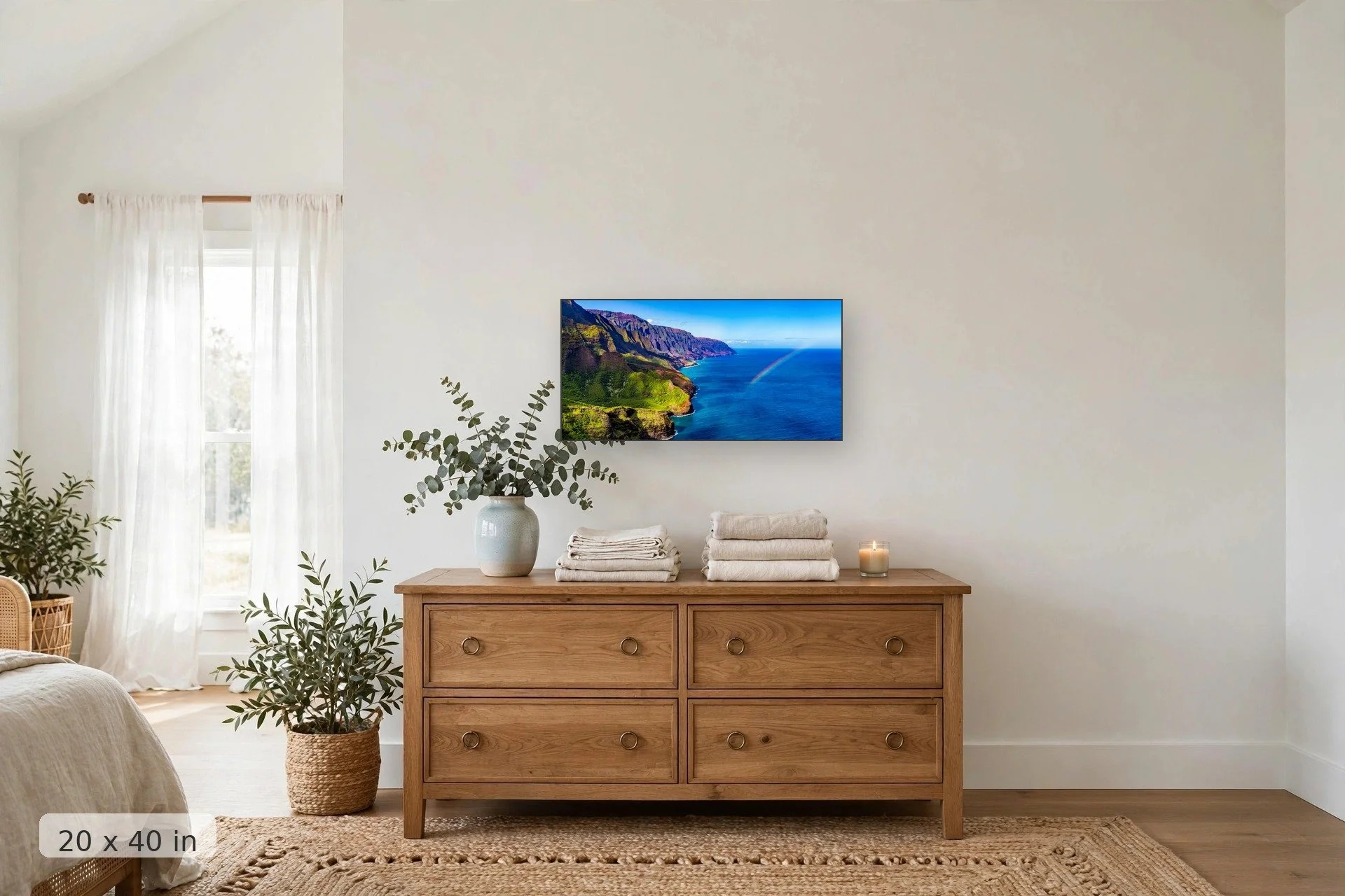 Rainbow over the Napali Coast panoramic — Napali Rainbow Panoramic print, 24x36 mockup above a dresser