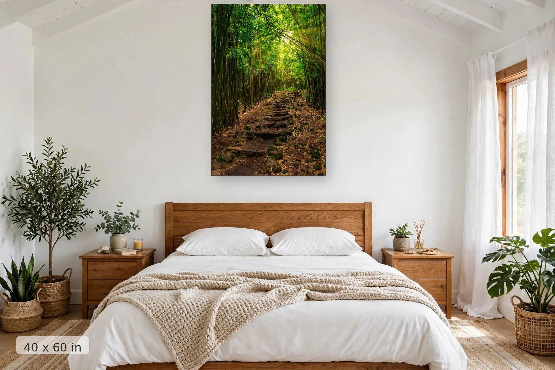 rocky steps lead into the bamboo forest at the pipiwai trail in hawaii — Pipiwai Trail print, 40x60 mockup above a bedroom headboard