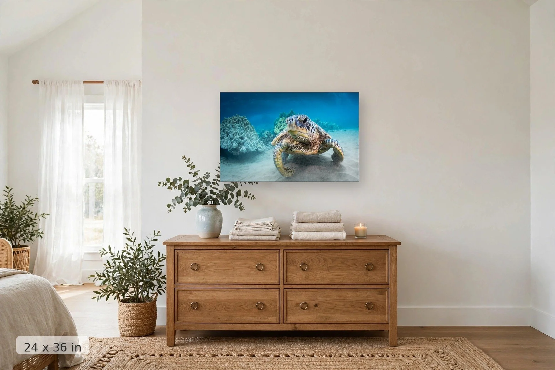 close-up of turtle face — Resting Turtle Face print, 24x36 mockup above a dresser