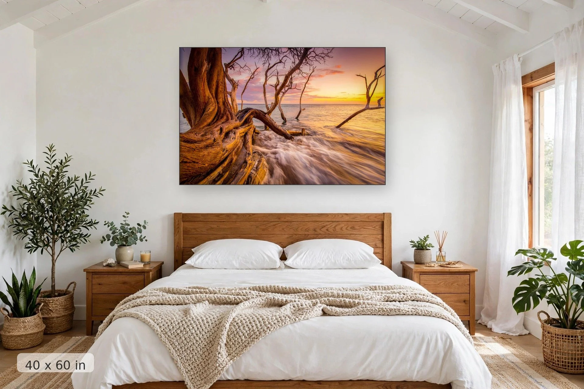 kiawe tree branches dipping into the surf at Olowalu at sunset — Bending Branches print, 40x60 mockup above a bedroom headboard