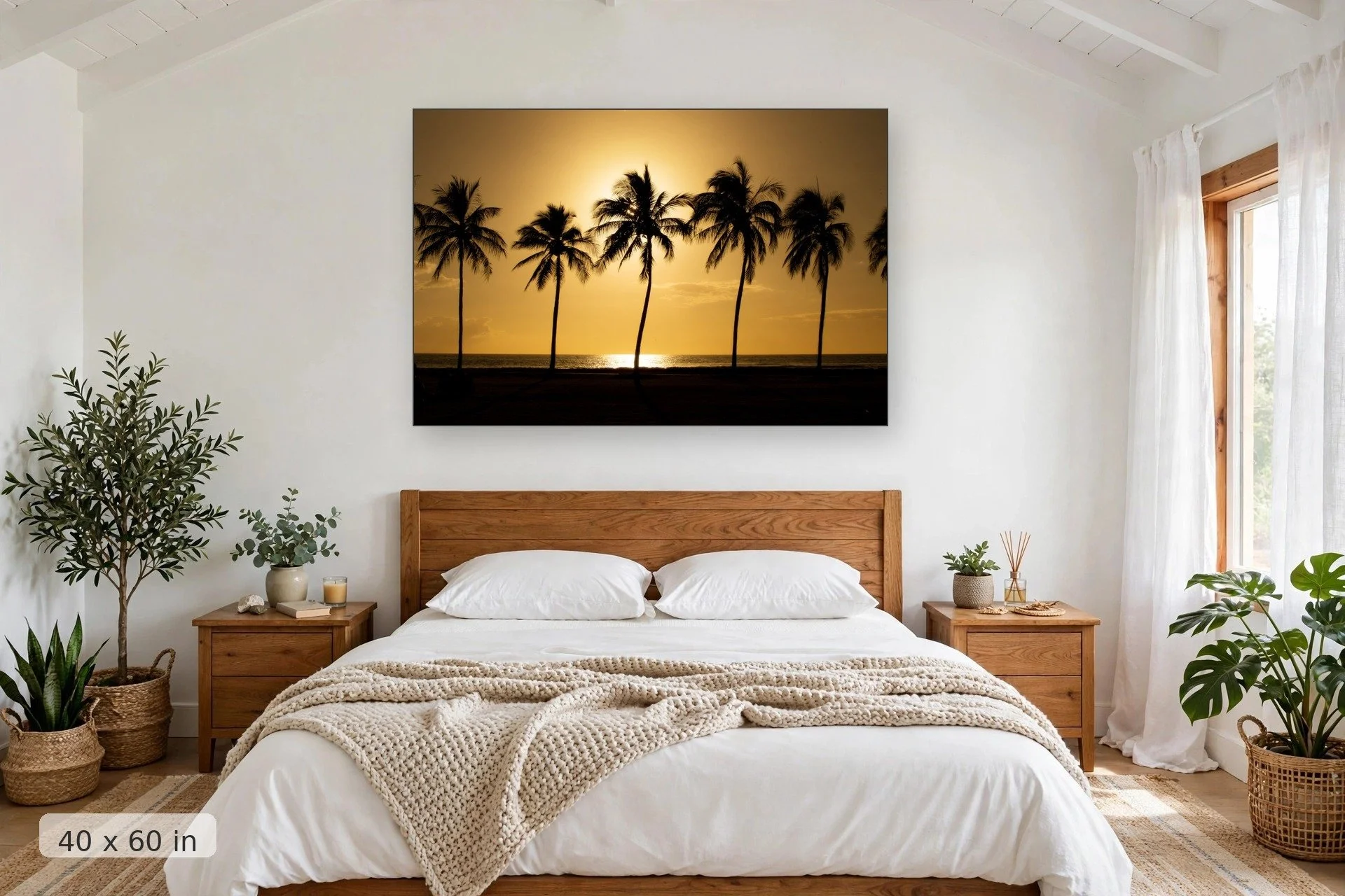 Minimalist ocean seascape — Simplicity print, 40x60 mockup above a bedroom headboard