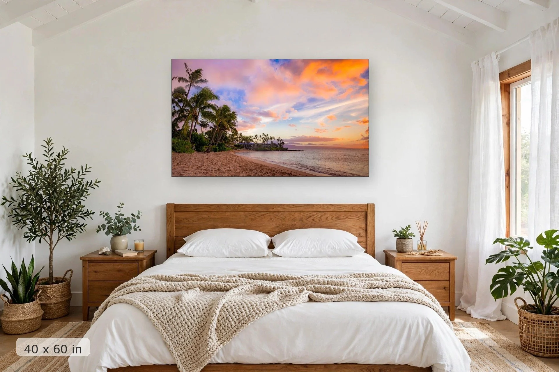 sunset over napili bay in west maui — Napili Bay print, 40x60 mockup above a bedroom headboard