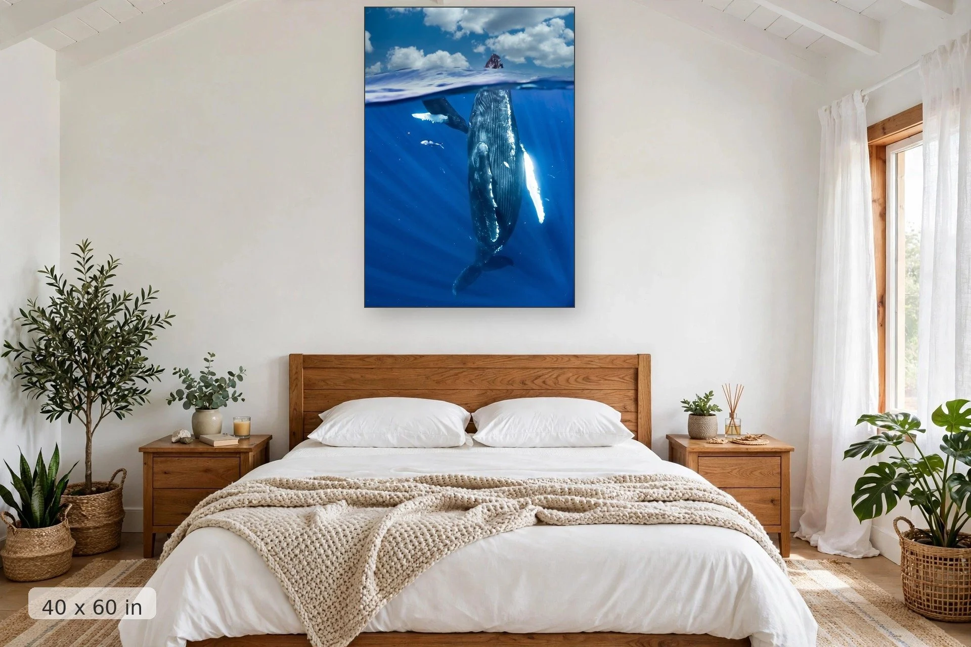 humpback whale mom spyhopping with baby — Mama Spyhop print, 40x60 mockup above a bedroom headboard